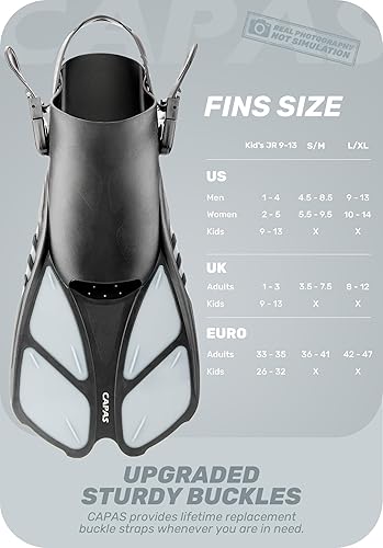 Miniatura 8 de Aletas de buceo CAPAS. Aletas de natación de talón abierto, tamaño de viaje, corto, ajustable para buceo, adultos, hombres, mujeres, niños.
