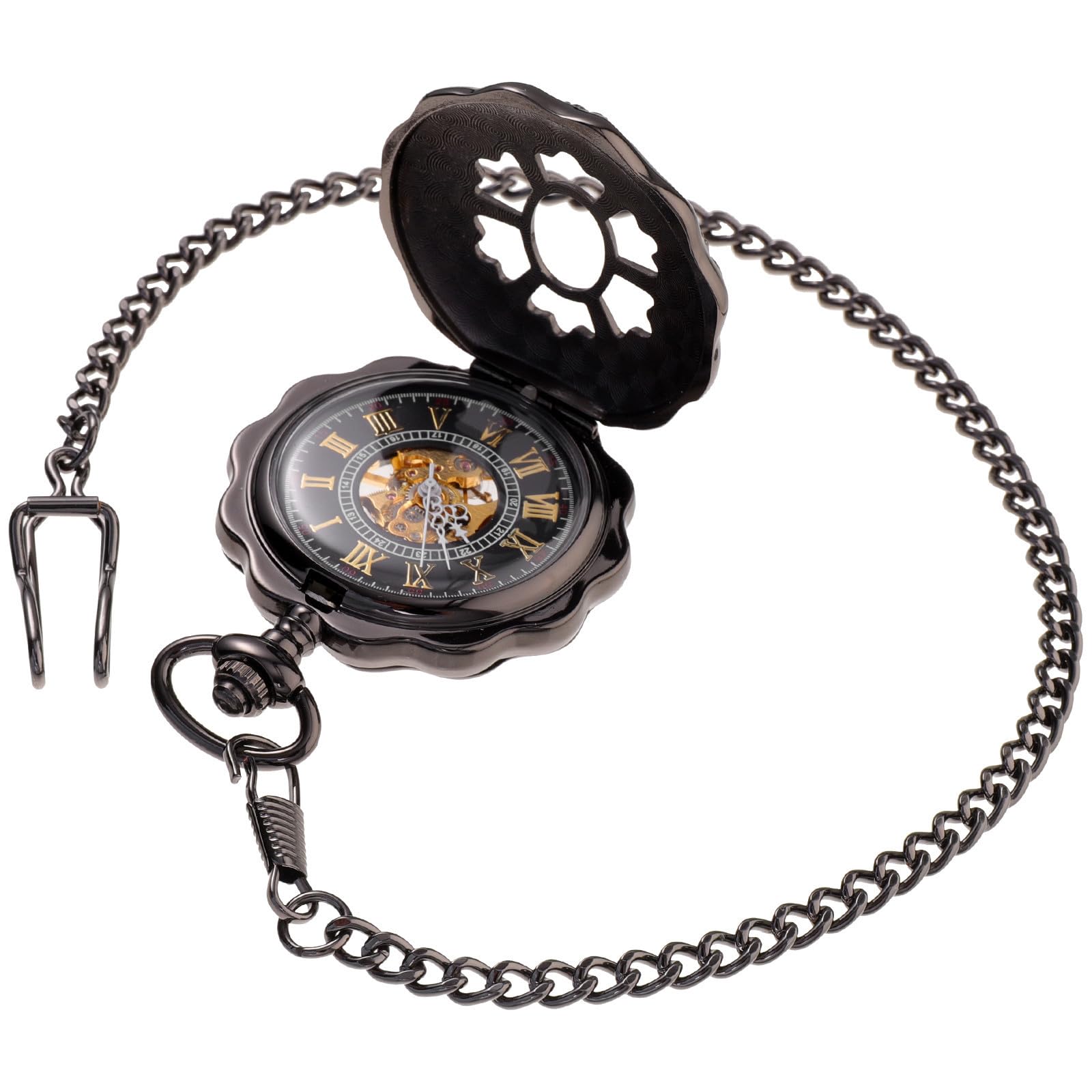 Beaupretty Orologio da Tasca Meccanico in Lega Nero Design a Zucca Vintage, Numerazione Classica e Catena, Stile Retrò Unico per Uomo Precisione Temporale