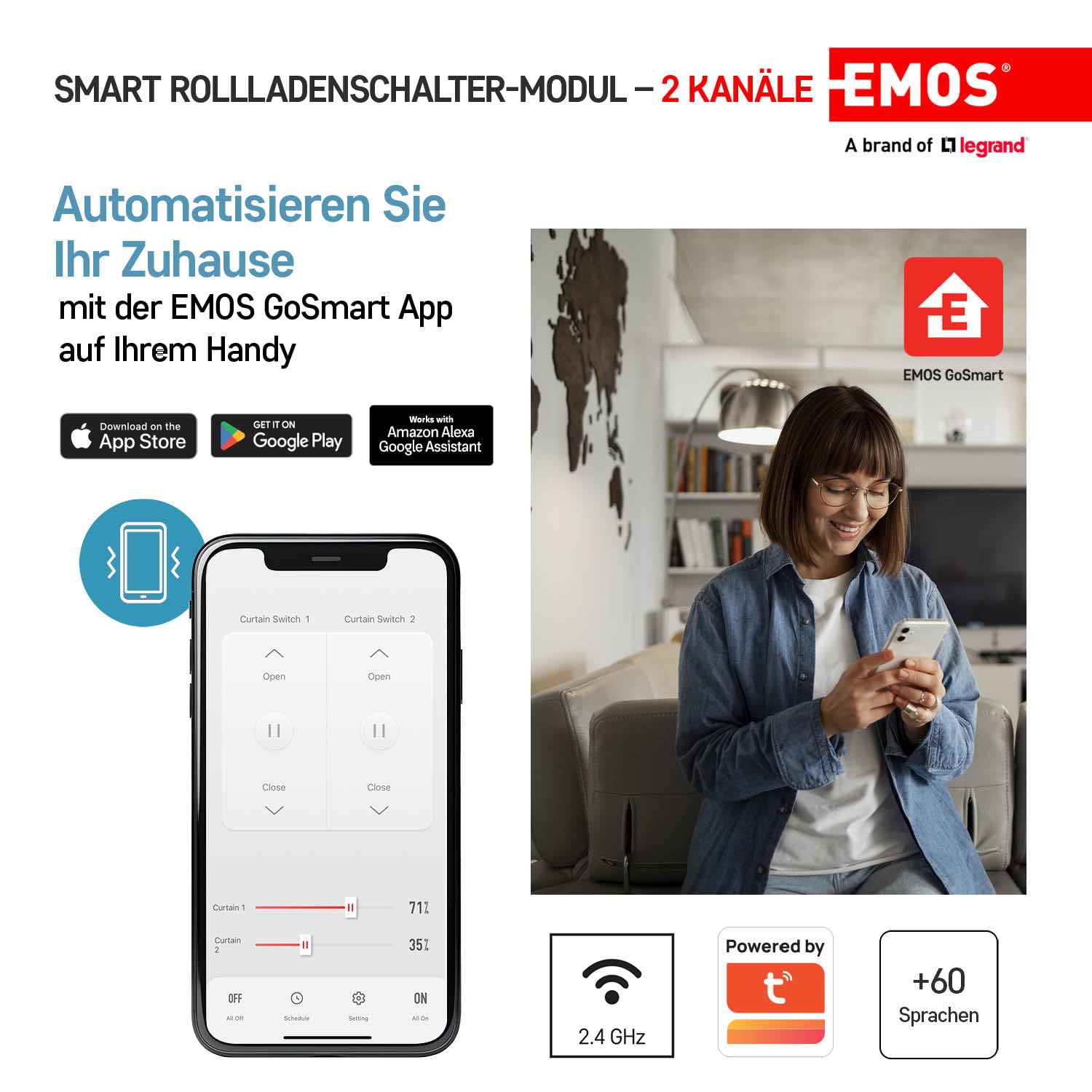 EMOS GoSmart - Módulo de interruptor de persiana inteligente con App - ZigBee - para interruptor doble - Interruptor de relé empotrado para control de persianas, control por voz de las persianas -
