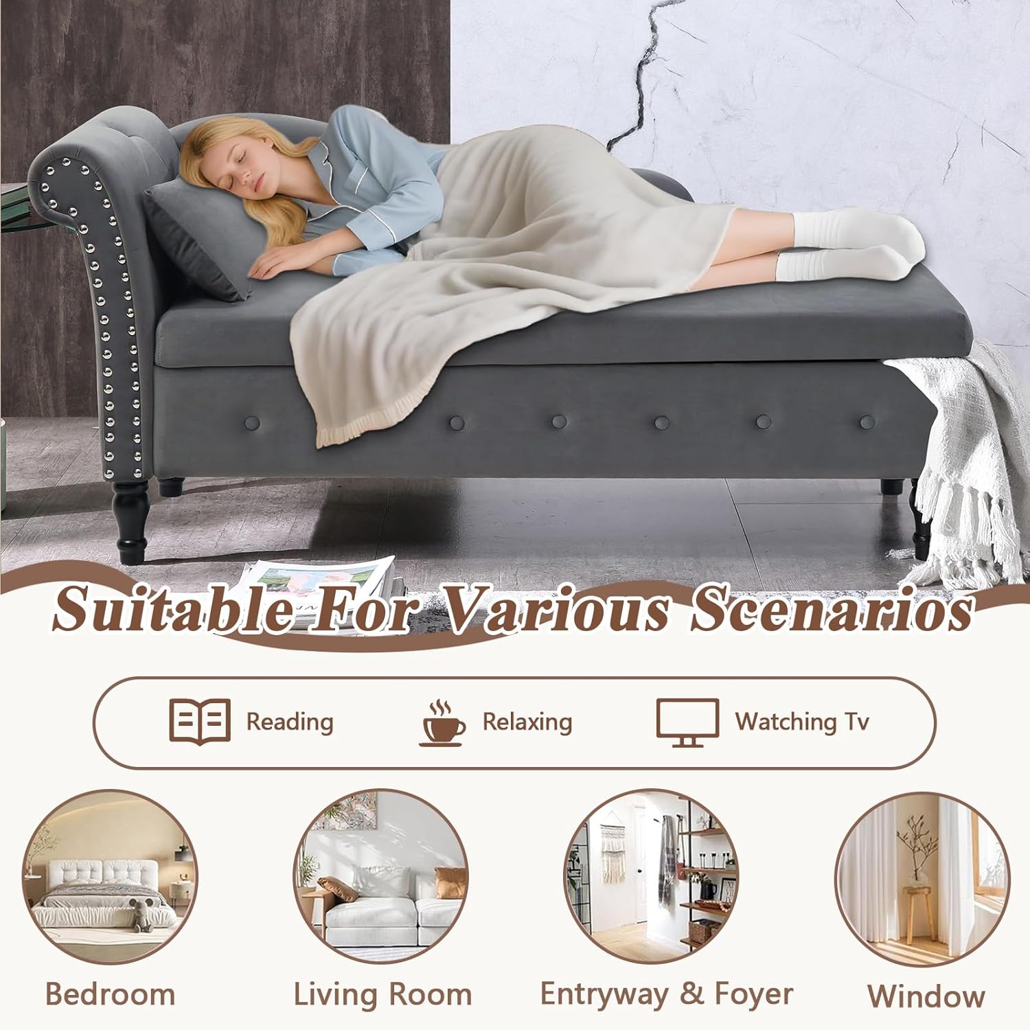 Anwick Chaise Lounge Indoor Tufted Fabric, Modern Upholstered Recliner Lounge Chair for Living Room Bedroom, Sleeper Lounge Sofa (Grey+Storage)