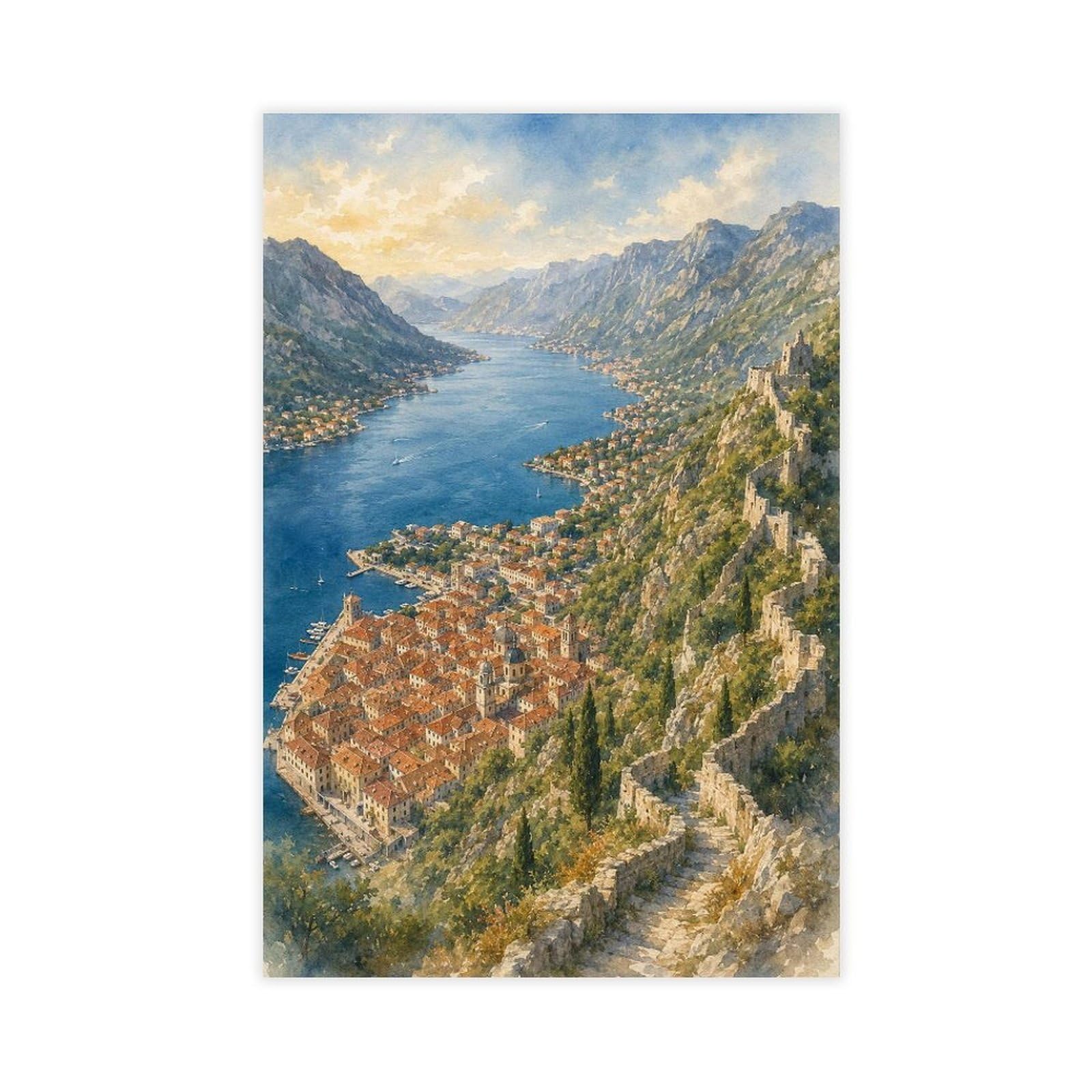 Qnvjqkdsi Unframe Kotor Montenegro Watercolor Art Canvas Poster Bedroom Decor Landscape Office Room Decor Gift 12" L X 18" W