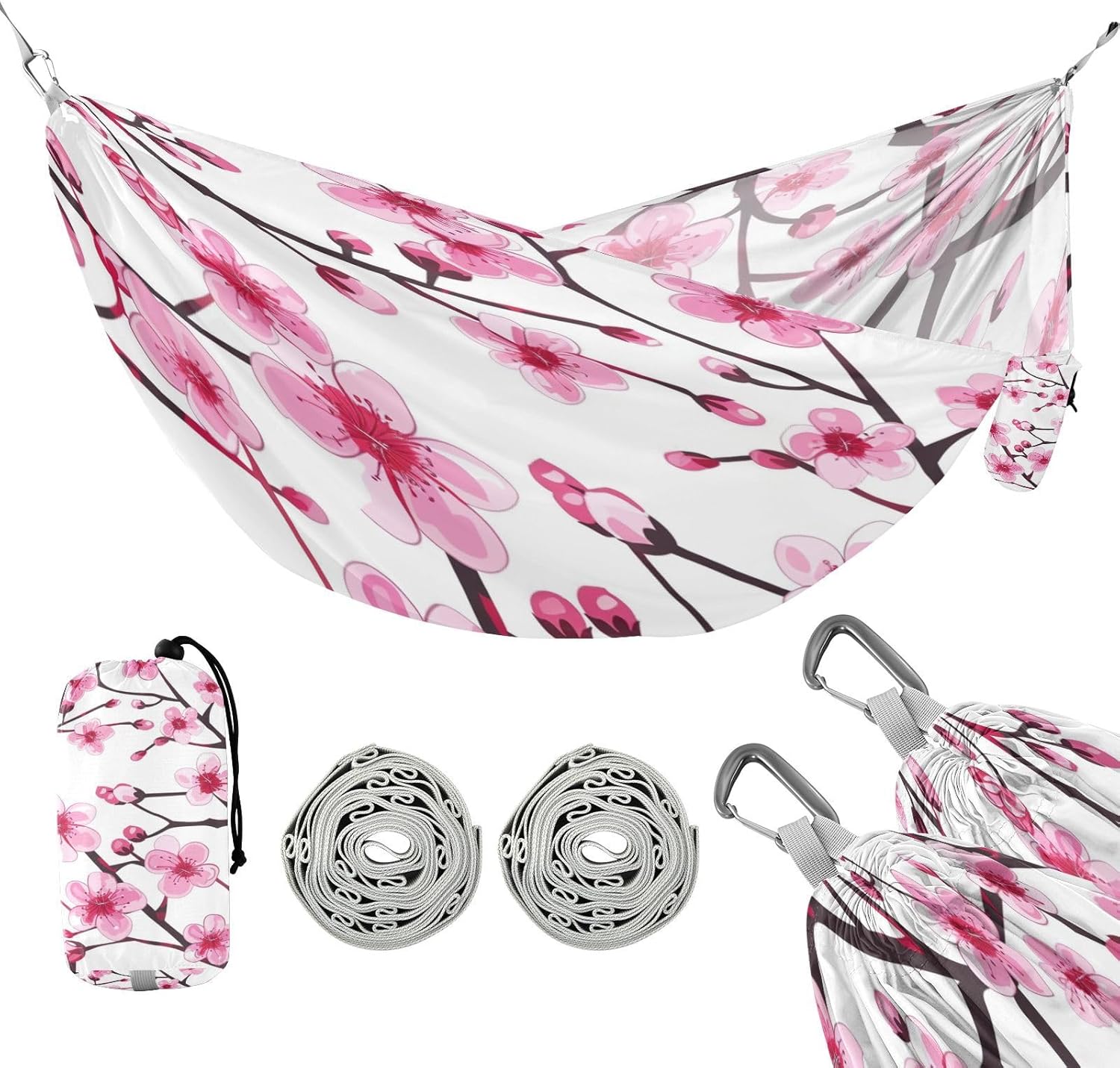 ALAZA Pink Cherry Blossom Flower Floral 2 Camping Hammocks Single or 2 Person 500 lbs Portable Parachute Travel Hammock w/Tree Straps for Hiking Backpacking Indoor Outdoor