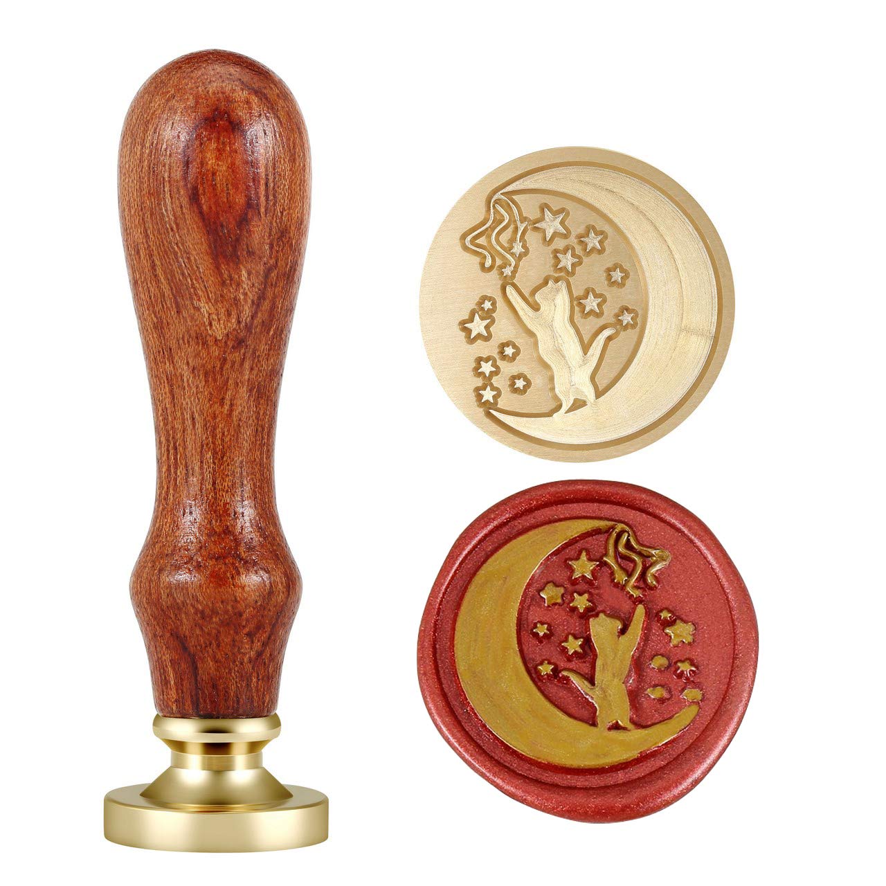 Moon and Cat Wax Seal Stamp, Yoption Vintage Retro Brass Head Wooden Handle Initial Wax Stamp Classic Seal Wax Stamp (Cat and Moon)