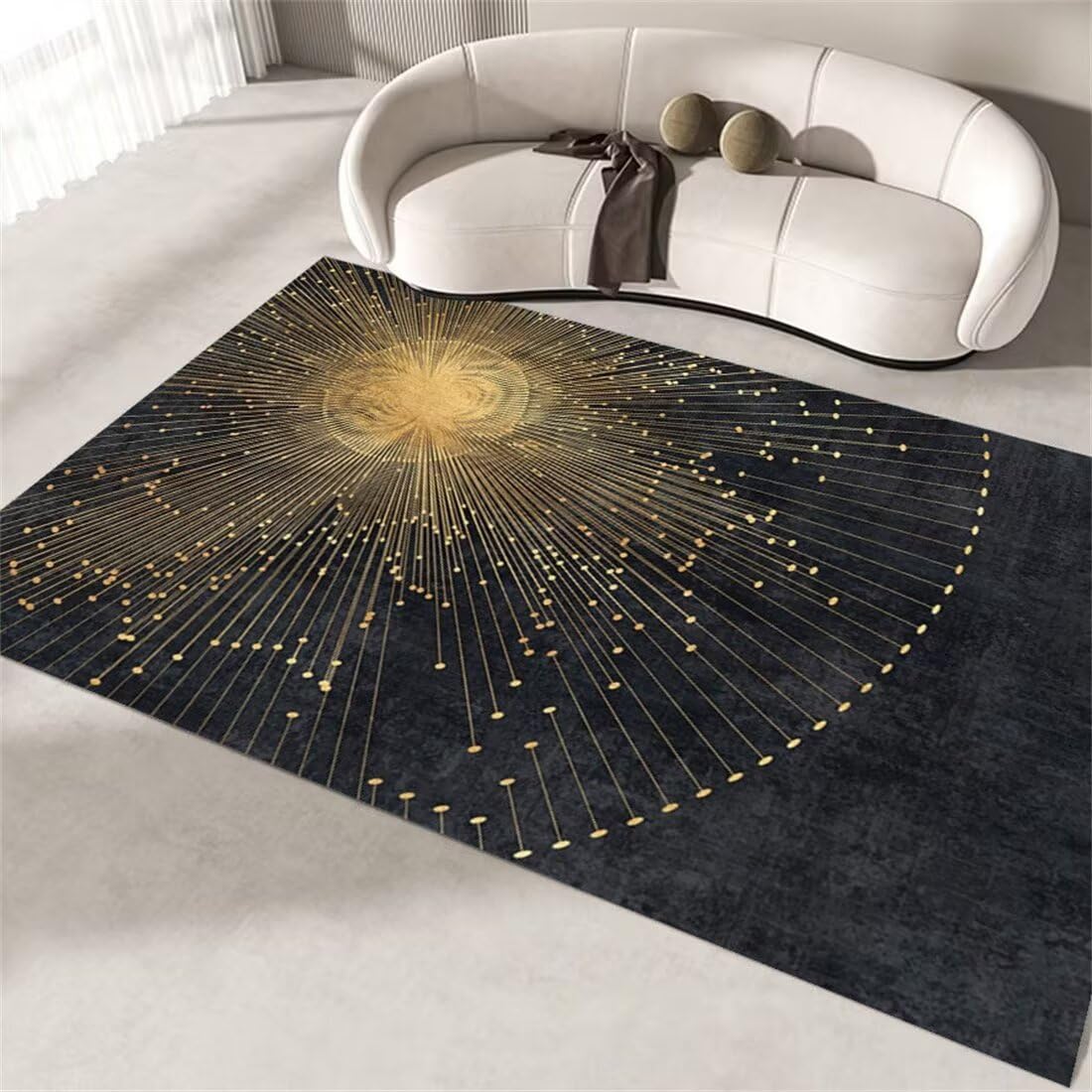 Petit tapis gris et jaune 70x140 cm avec lignes abstraites pour decoration de chambre