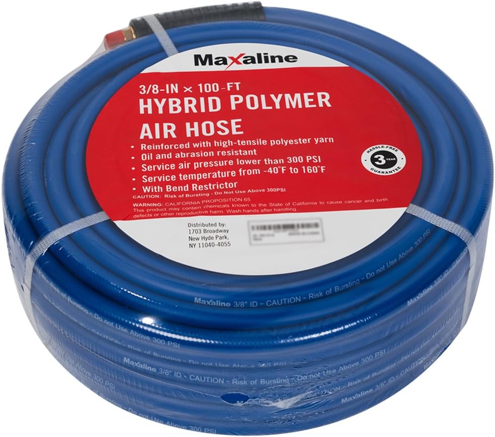 Hybrid Polymer Air Compressor Hose,3/8inch x 100FT with 1/4" MNPT Brass Fittings,300 PSI,Non-Kinking,Lightweight and Soft air Hose Blue