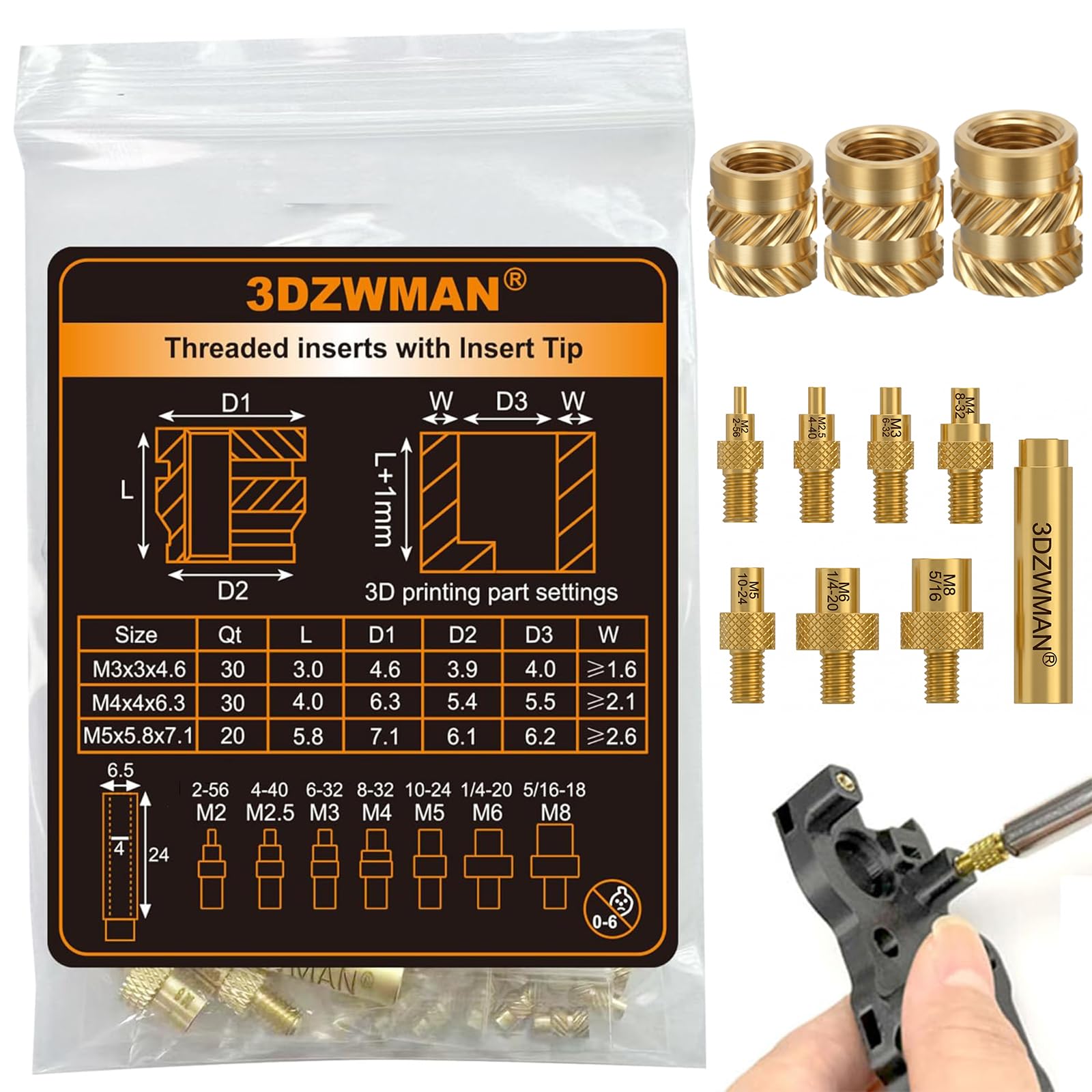 3DZWMAN M3M4M5 Short Threaded Inserts for 3D Printed and Plastic Parts — image 1
