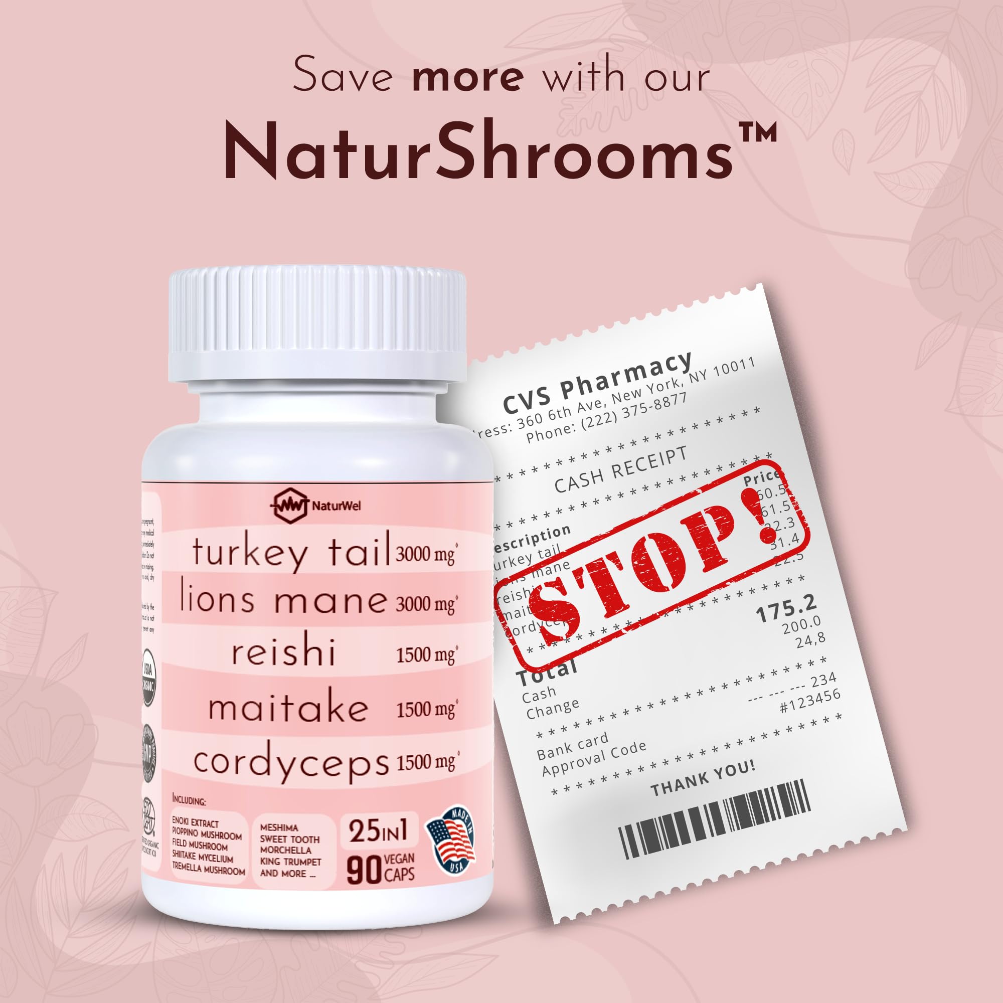 NaturWel Turkey Tail 3000mg Lions Mane 3000mg Reishi 1500mg Mushroom Blend with Chaga Maitake Cordyceps Shiitake Field | Mushroom Blend | Focus Pills