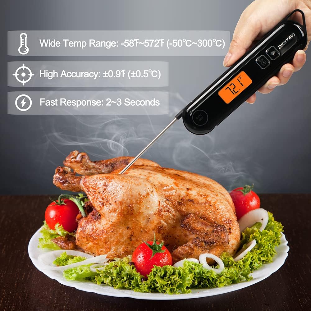 review Digital Instant Read Meat Thermometer, Foldable Probe Waterproof Thermometer for BBQ, Kitchen, Food Cooking, Candy, Deep Fry, Grill, and Roast Turkey, Black