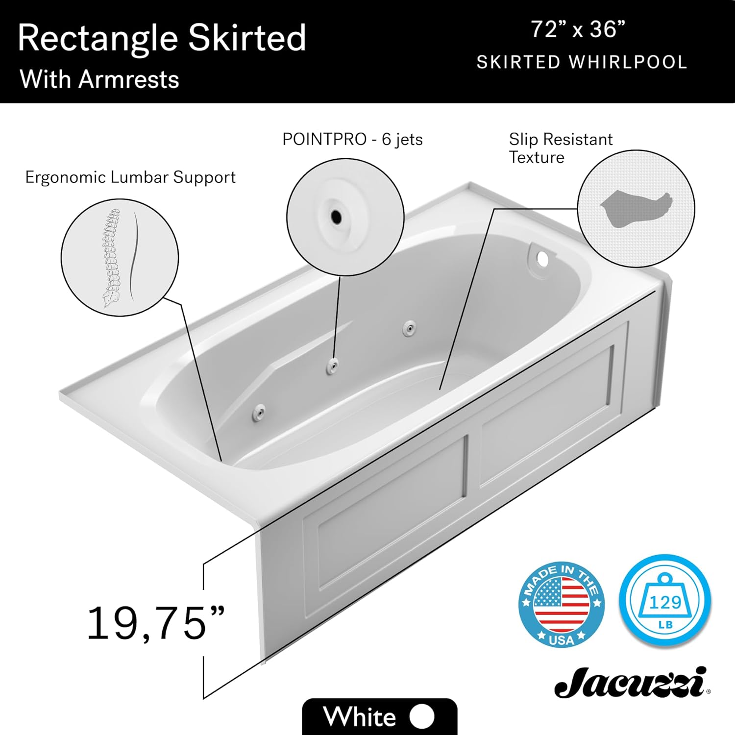 Jacuzzi SIGNATURE Acrylic Skirted Bathtub With Armrests, Jet Massage Tub for Homes & Businesses, Slip Resistant, Left Drain Placement, 72" (L) x 36" (W), Rectangle, White