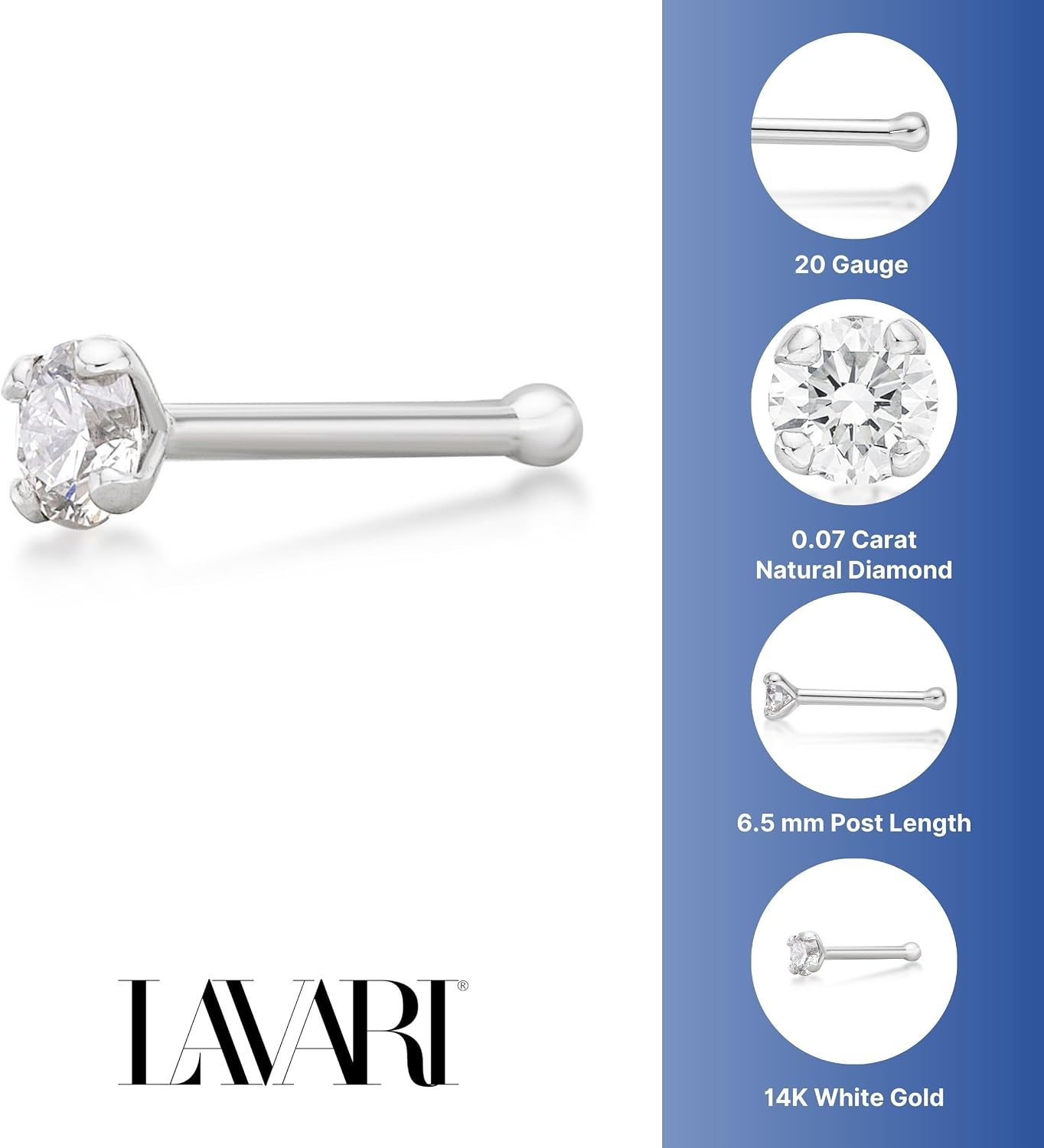 Lavari Jewelers 0.01 to 0.07 Carat Diamond Straight Bone Nose Stud for Women - 14k White or Yellow Gold Nose Ring for Her - 20 Gauge Unisex Hypoallergenic Nostril Jewelry - 20G Body Piercing for Men
