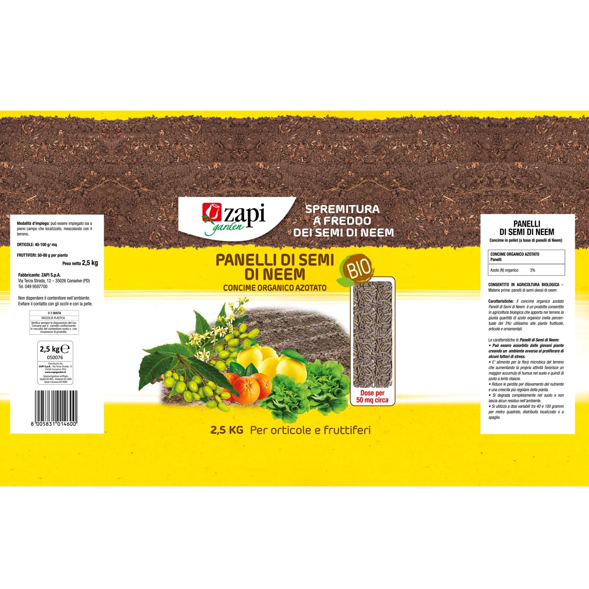Zapi Garden | Panelli di Semi di Neem, Concime Organico Azotato, per Orticole e Fruttiferi, 2,5kg