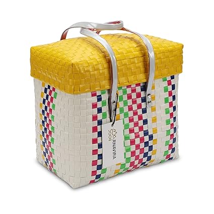 Arnavira Handmade Multipurpose Basket with Lid 20L Used as Shopping Basket, Storage Basket, Picnic Basket, Beach Basket, Toy Basket (X-Large) (30x20x32 CM)