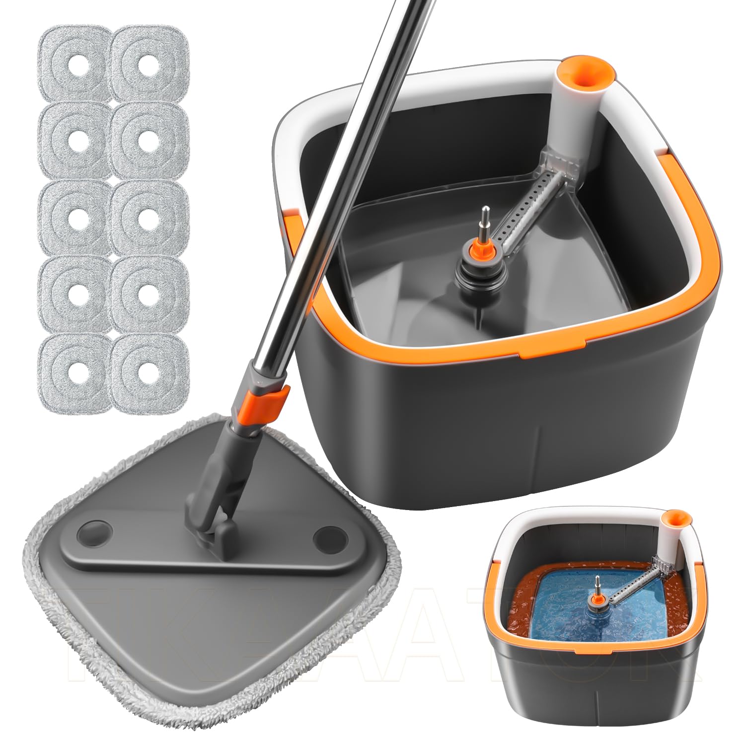 Juego de fregona giratoria y cubo con sistema de agua sucia y limpia de autoseparación, juego de fregona con cabezal de fregona giratorio de 360° para suelos de madera dura, mármol (gris oscuro, 10