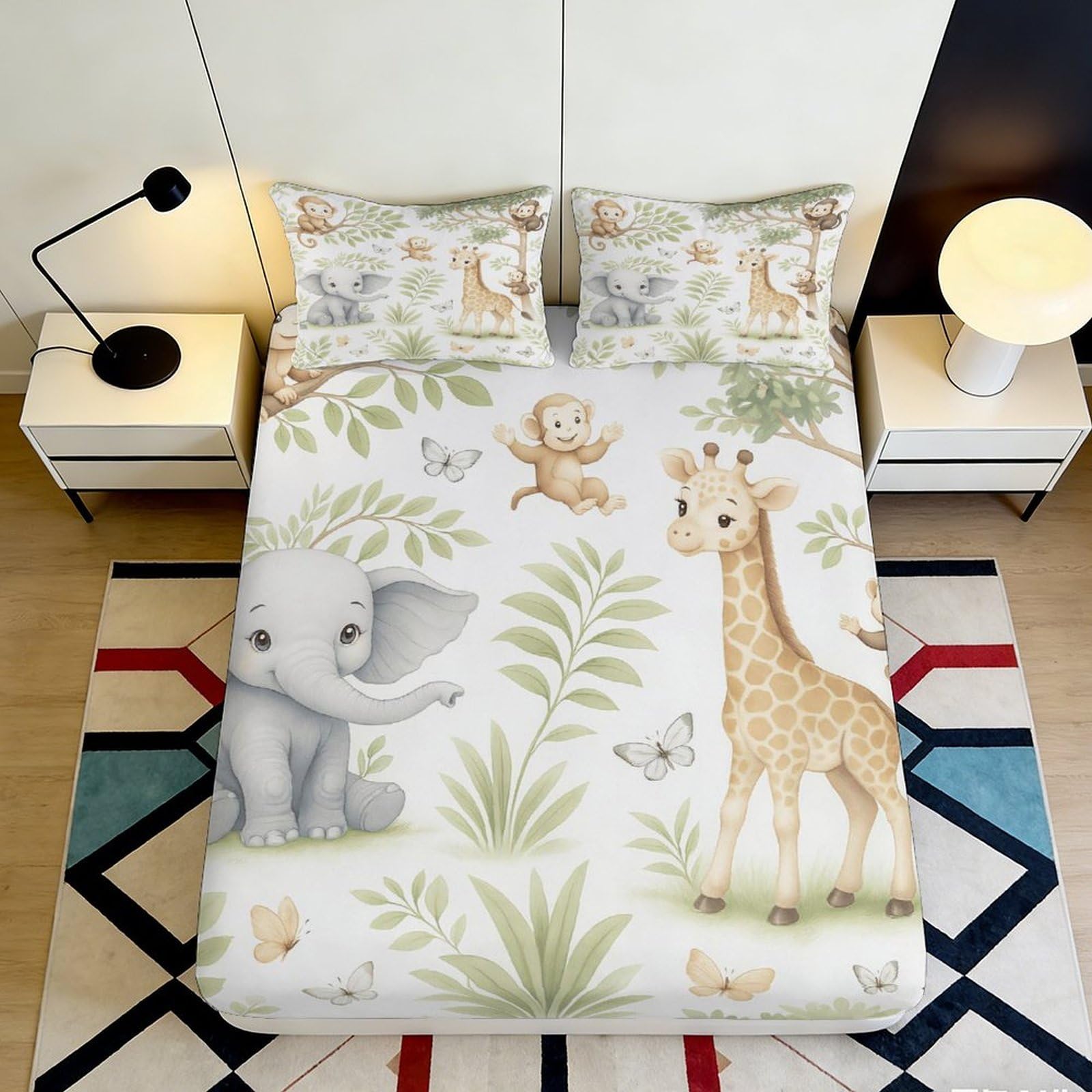 3D Printed Jungle Animals Fitted Sheet Microfiber Non Slip Cartoon Safari Mattress Cover for Bedroom Dorm Decor 160x200x25cm