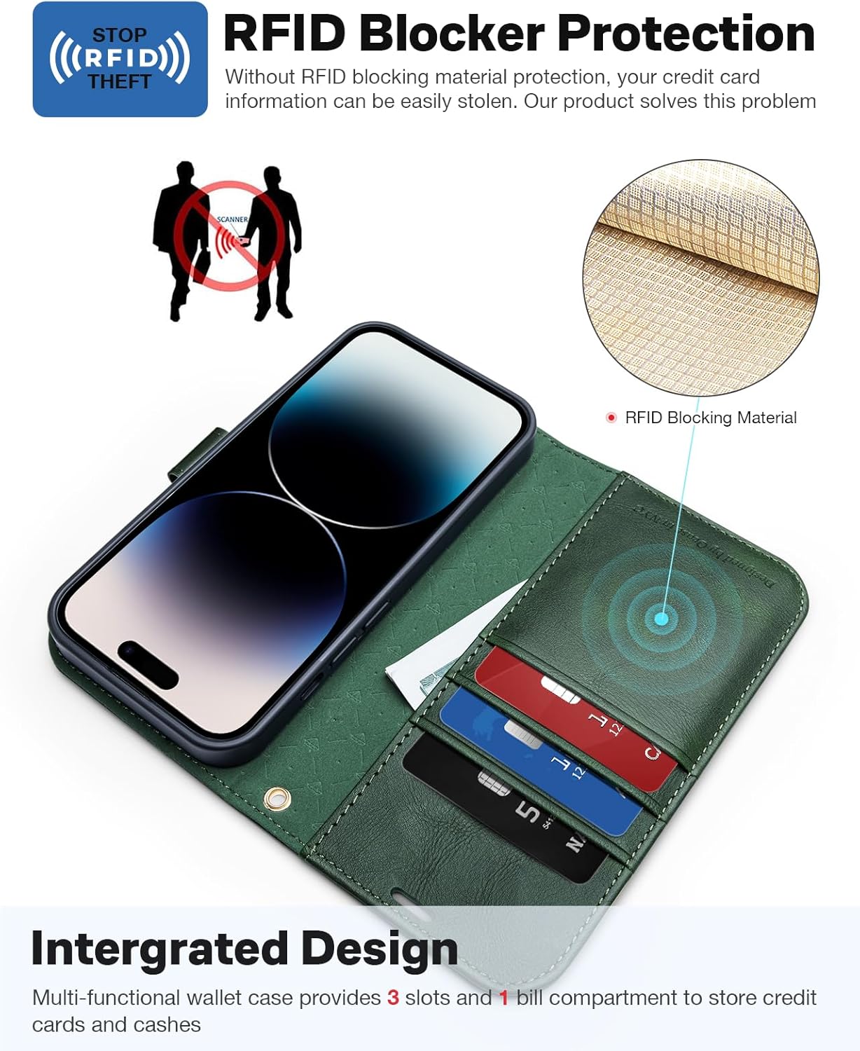 OCASE for iPhone 15 Pro Max Case Detachable Wallet Case with Card Holder, [2 in 1] PU Leather Flip Folio Case with RFID Blocking Stand Shockproof Phone Cover 6.7 Inch, Blackish Green - Image 6