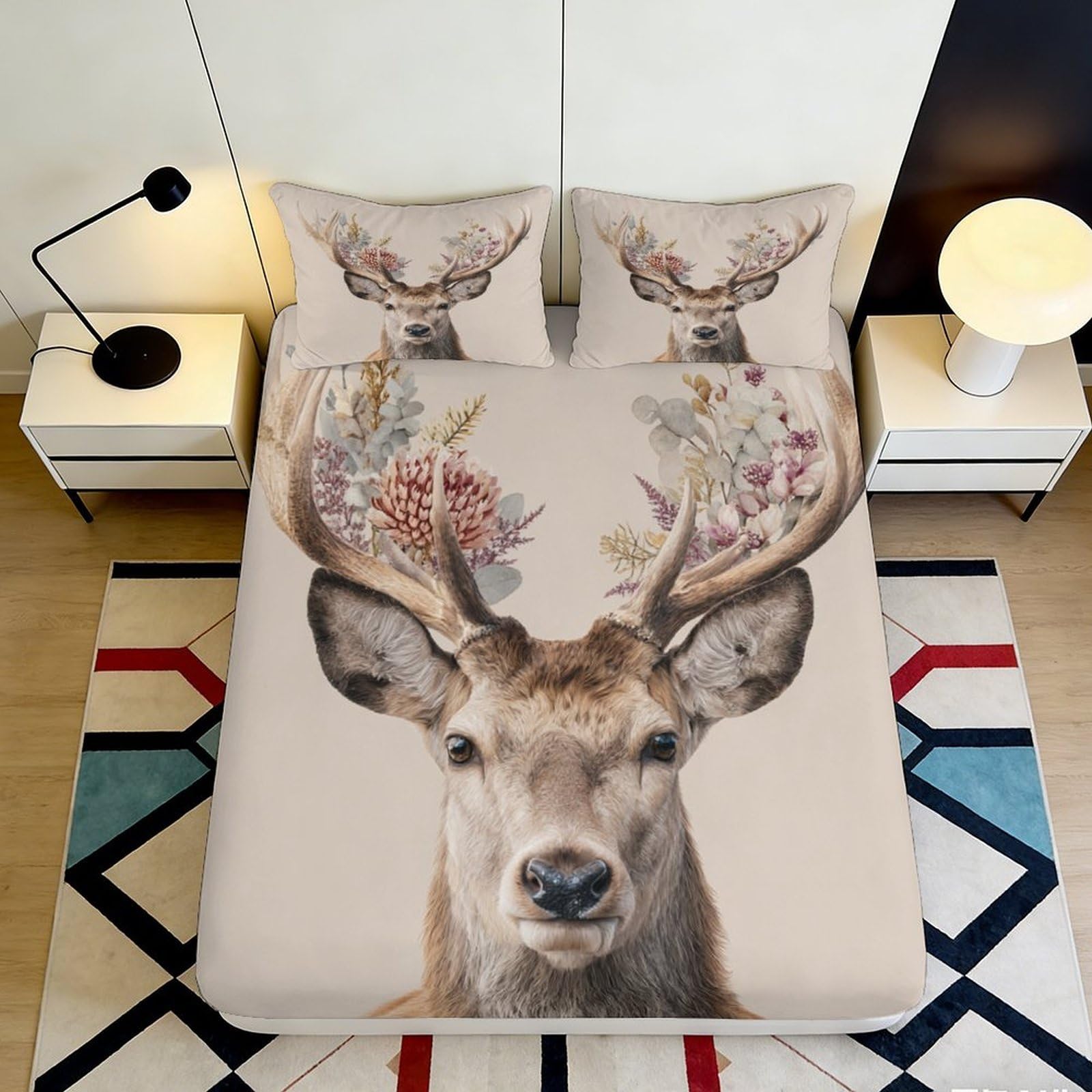Jqzkxnhpbr Style-5 3D Printed Deer Antler Fitted Sheet Microfiber Soft Beige Animal Art Mattress Cover For Bedroom Guestroom Dorm Protector Decor 90X200x25cm