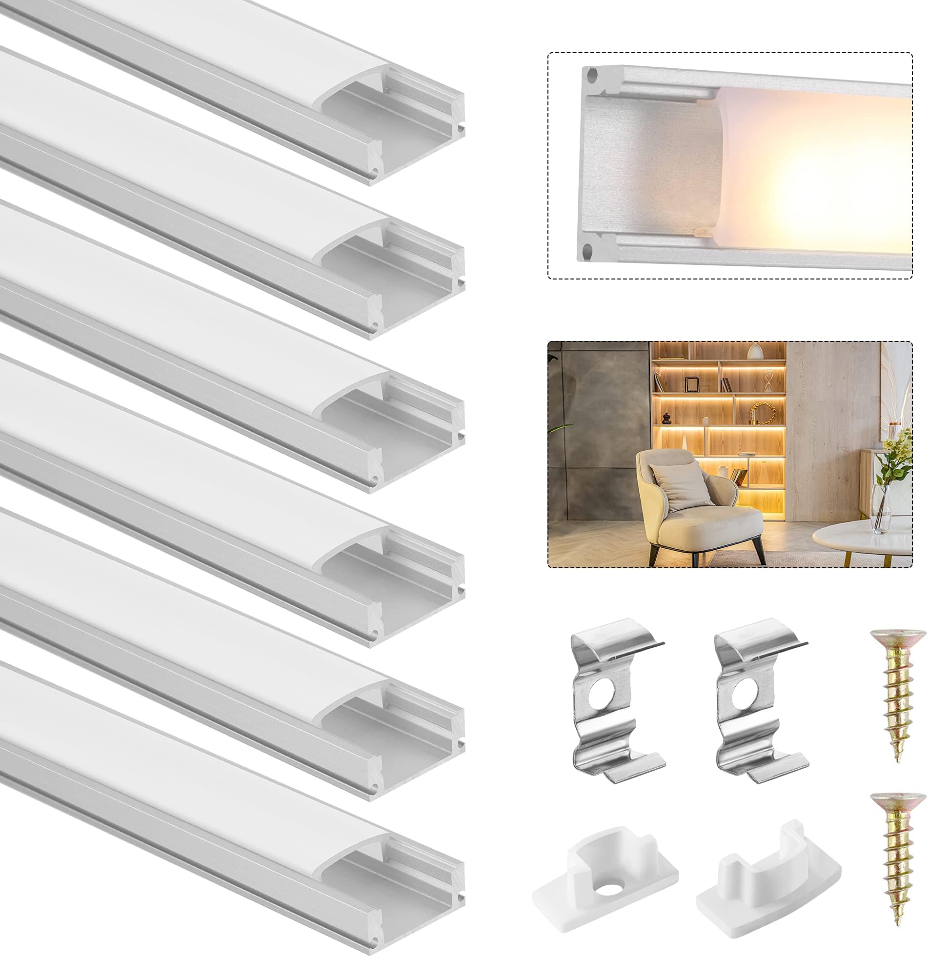 Aluminium LED Profile, 6Pack 1M/3.3ft U-Shape LED Aluminum Channel for LED Strip Lights with Milky White Diffuser Cover, End Caps, and Metal Mounting Clips for LED Strip Light Installations