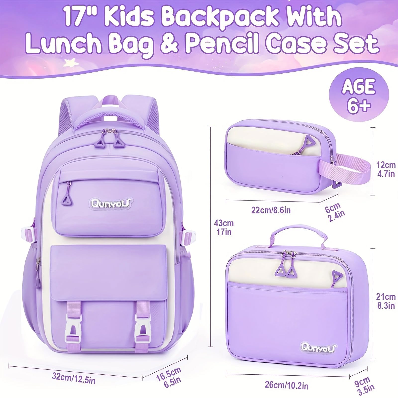 Amythe Set Schulrucksack Mädchen 3. bis 7. Klasse fur Schule | Schulranzen mit Lunch Tasche Federmäppchen für Schule Reisen für 15.6" Laptop-Lila, 22L