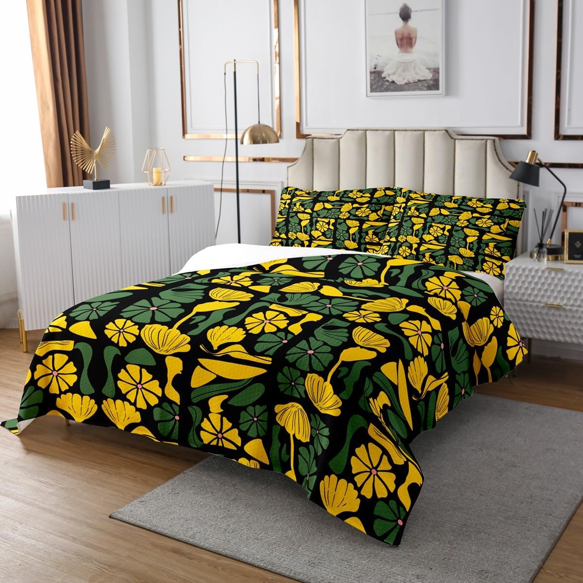 Erosebridal Boho Abstract Floral Quilt Set Queen Vintage Patchwork Yellow Green Plant Bedspread Mid Century Modern Abstract Geometric Coverlet Set for Kids Adults,Botanical Flowers Bedding Quilted