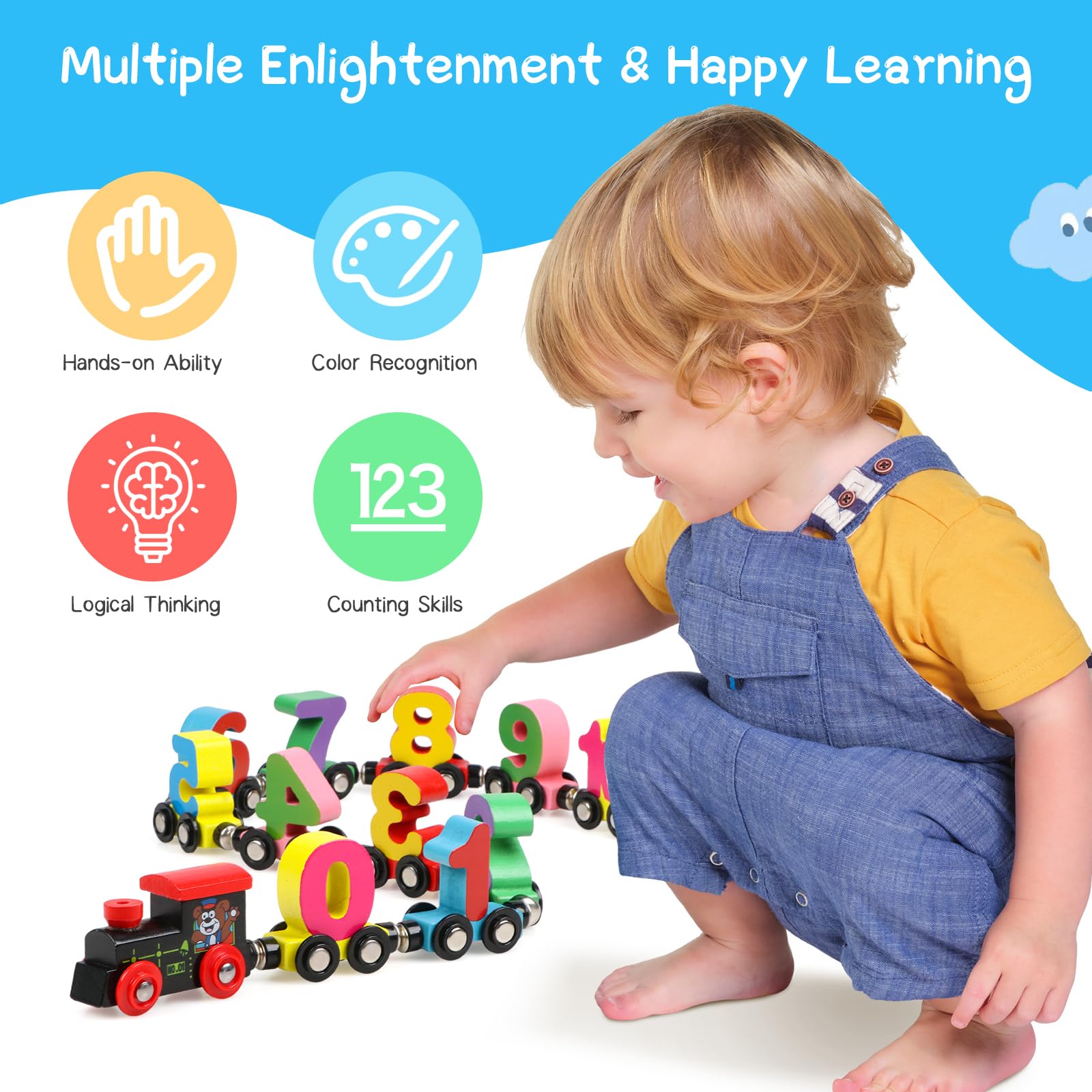 jacootoys Jacoboys 12PCS Enfants en Bois Aimant numéro Train Set, 3-5 Ans Bambin numéro Voiture, garçons et Filles Montessori Toy Gift