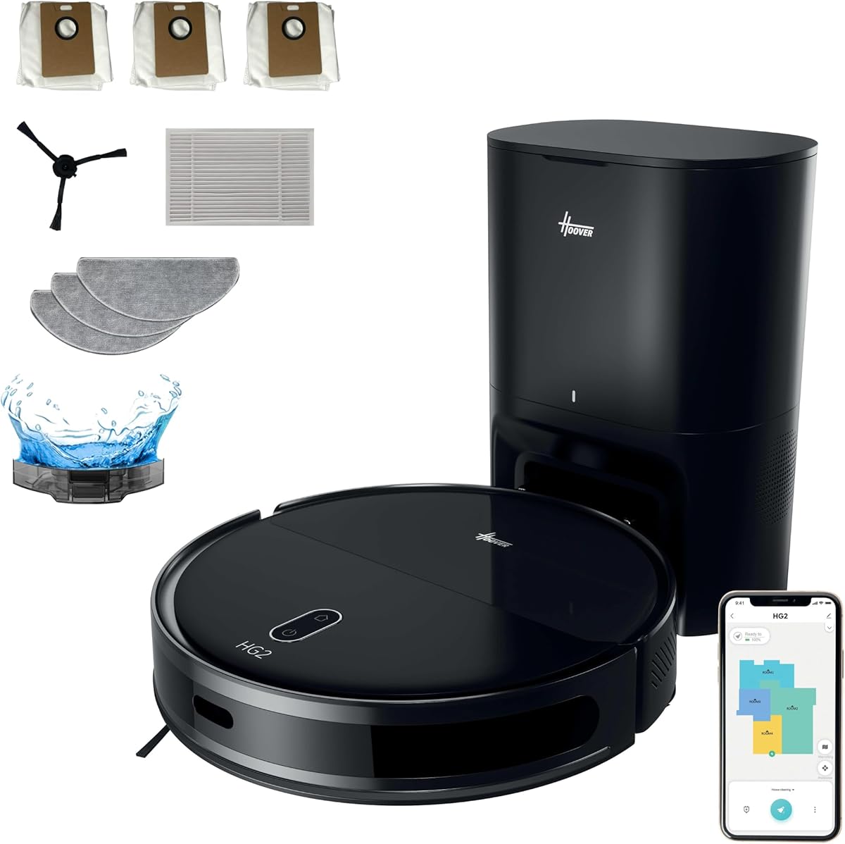 Hoover HG2 Robot Aspirapolvere e Lavapavimenti Hydro Pro, Ultra-Sottile, 5000Pa, Pulizia sotto i Mobili, Navigazione Laser, 160 Minuti di Autonomia, Svuotamento Automatico della Polvere [HG2Z50HP]
