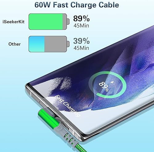 Miniatura 3 de Paquete de 5 cables USB C a USB C de 10 pies en ángulo recto USB C extra largo 60 W3 A tipo C a tipo C cable de carga rápida compatible con Samsung
