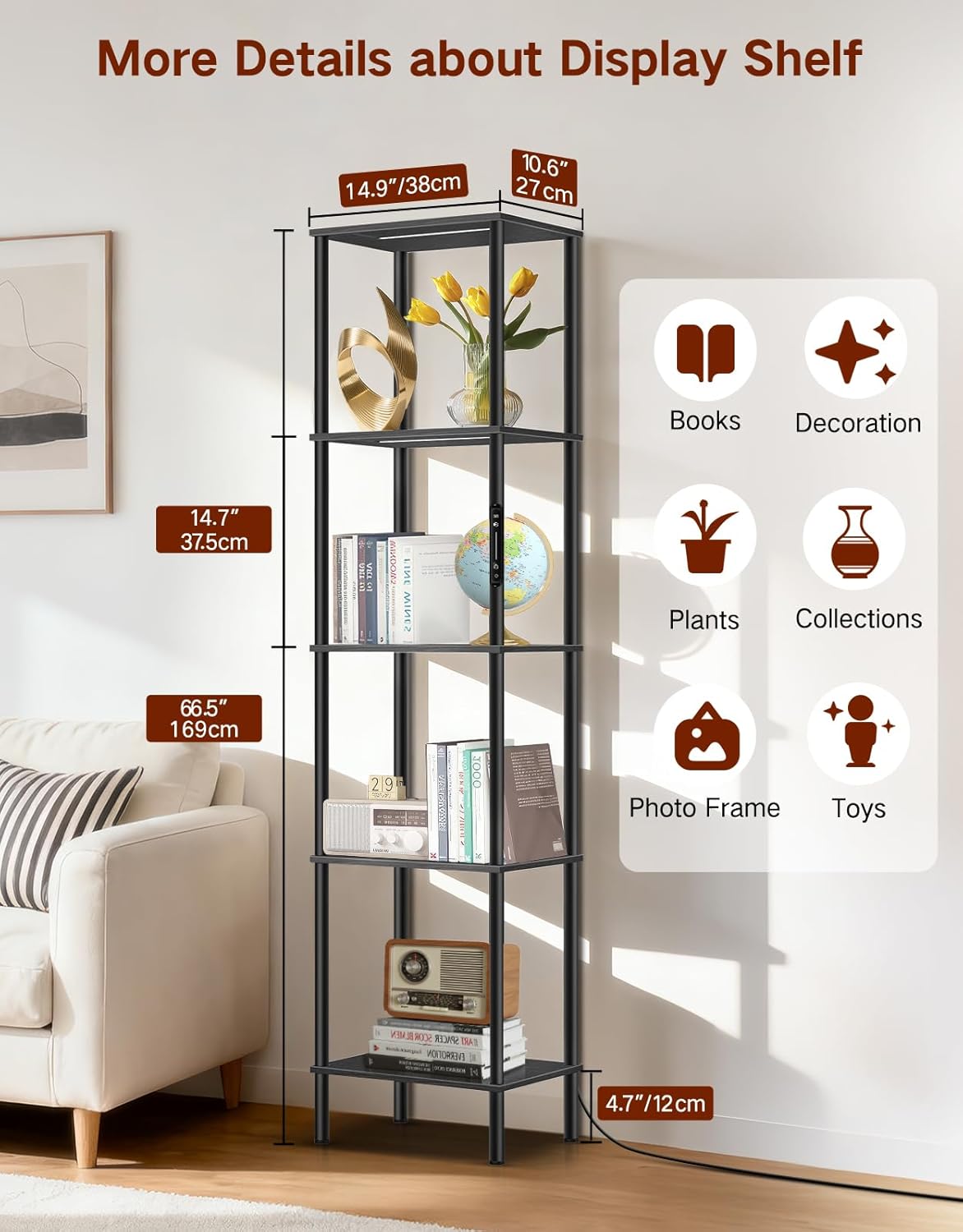 5 Tier Display Shelves with RGB Lights, Display Cabinet with Touch & APP & Remote Control, Dimmable Bookshelf with Music Sync, Adjustable Color Lighting for Living Room, Bedroom(Black)