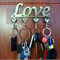 Vista 5 de Myartte Llavero decorativo para pared, de aleación de zinc, organizador de llaves con 4 ganchos, con tornillos y adhesivo (amor de latón antiguo)