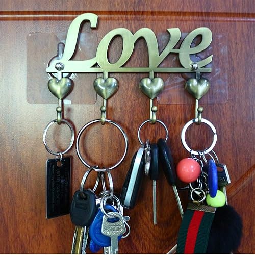 Miniatura 5 de Myartte Llavero decorativo para pared, de aleación de zinc, organizador de llaves con 4 ganchos, con tornillos y adhesivo (amor de latón antiguo)