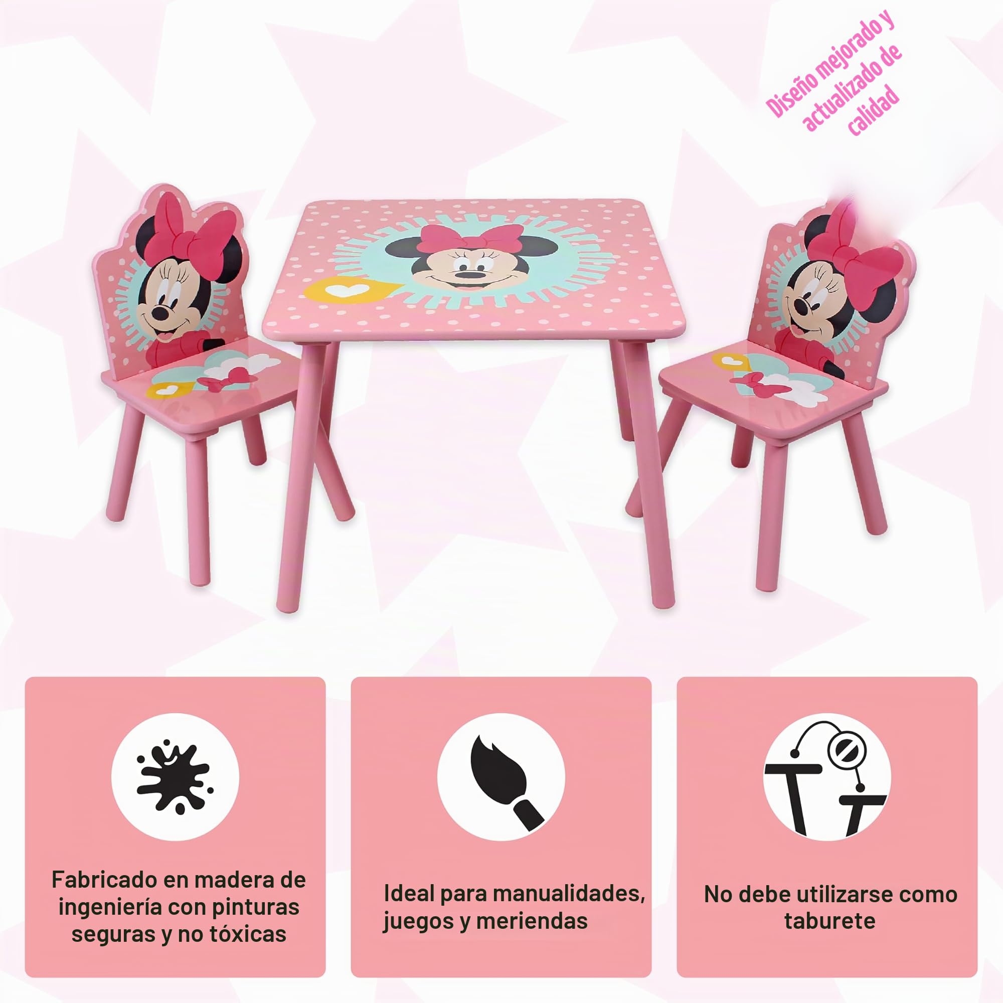 Disney Minnie Mouse Juego de mesa y sillas para 2, soporta hasta 30 kg por silla, óptimo para jugar y realizar actividades, tamaño pequeño, rosa