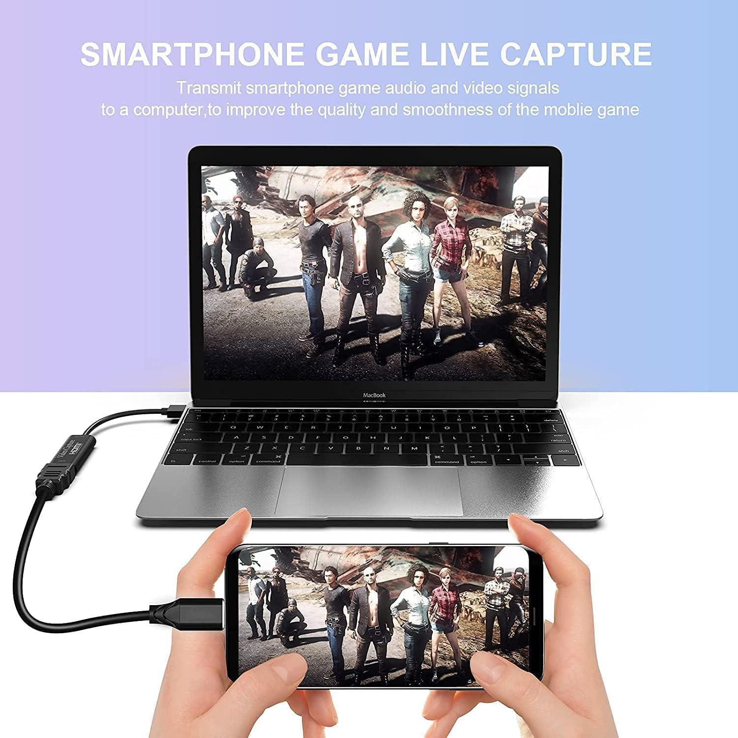 Smartphone displaying game content being captured live to a laptop