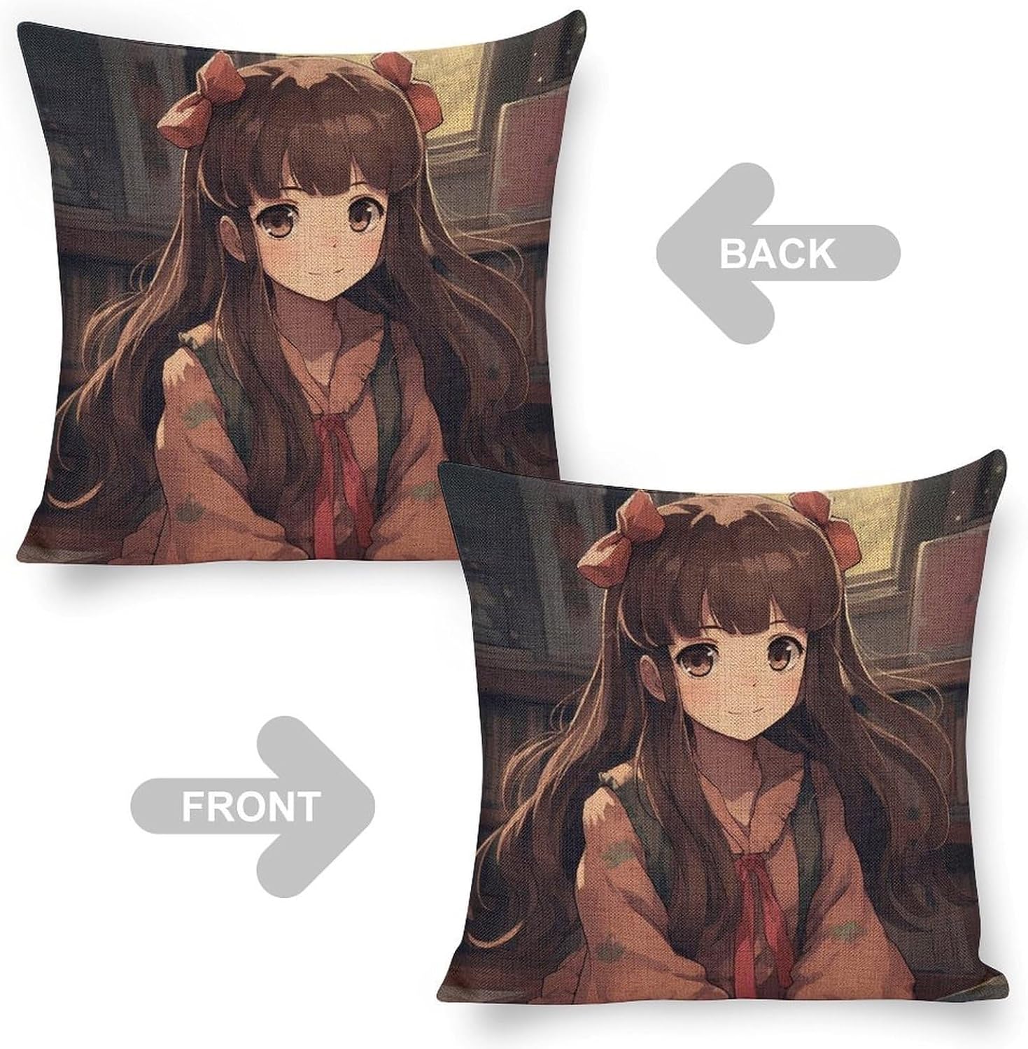 Decorative Little Woman in Anime Linen Pillow Covers 18x18 Throw Pillow Cover with Invisible Zipper Boho Farmhouse Pillows Shams Cushion Case for Bed Sofa Living Room Home Decor (2pcs) image 4