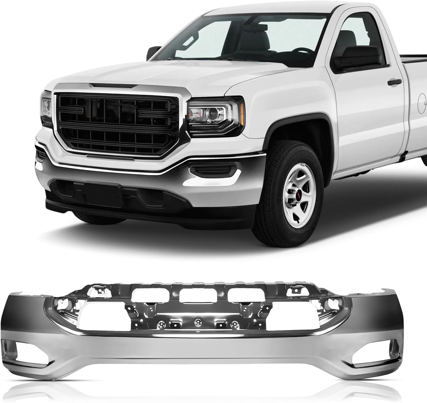 KYX Front Bumper Face Bar Compatible for GMC Sierra 1500 Pickup 2016-2018/GMC Sierra 1500 Limited 2019 with Fog Light Holes, w/o Park Assist Sensor Holes, Chrome Steel Front Bumper, GM1002867 w/Fog Lamp Chrome