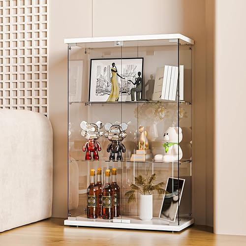 FANYUSHOW Vitrina de cristal de 3 estantes con puerta doble, gabinetes Curio de 0.157in de vidrio templado para dormitorio, sala de estar, 49.1 x
