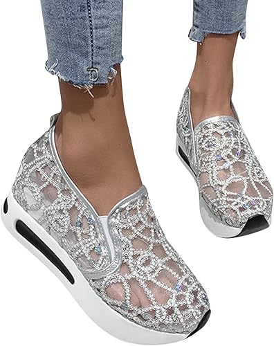 Miniatura 6 de Hbeylia Zapatos deportivos de plataforma con plataforma para mujer, diseño de lentejuelas y malla de encaje, suela gruesa, tacones altos ocultos,