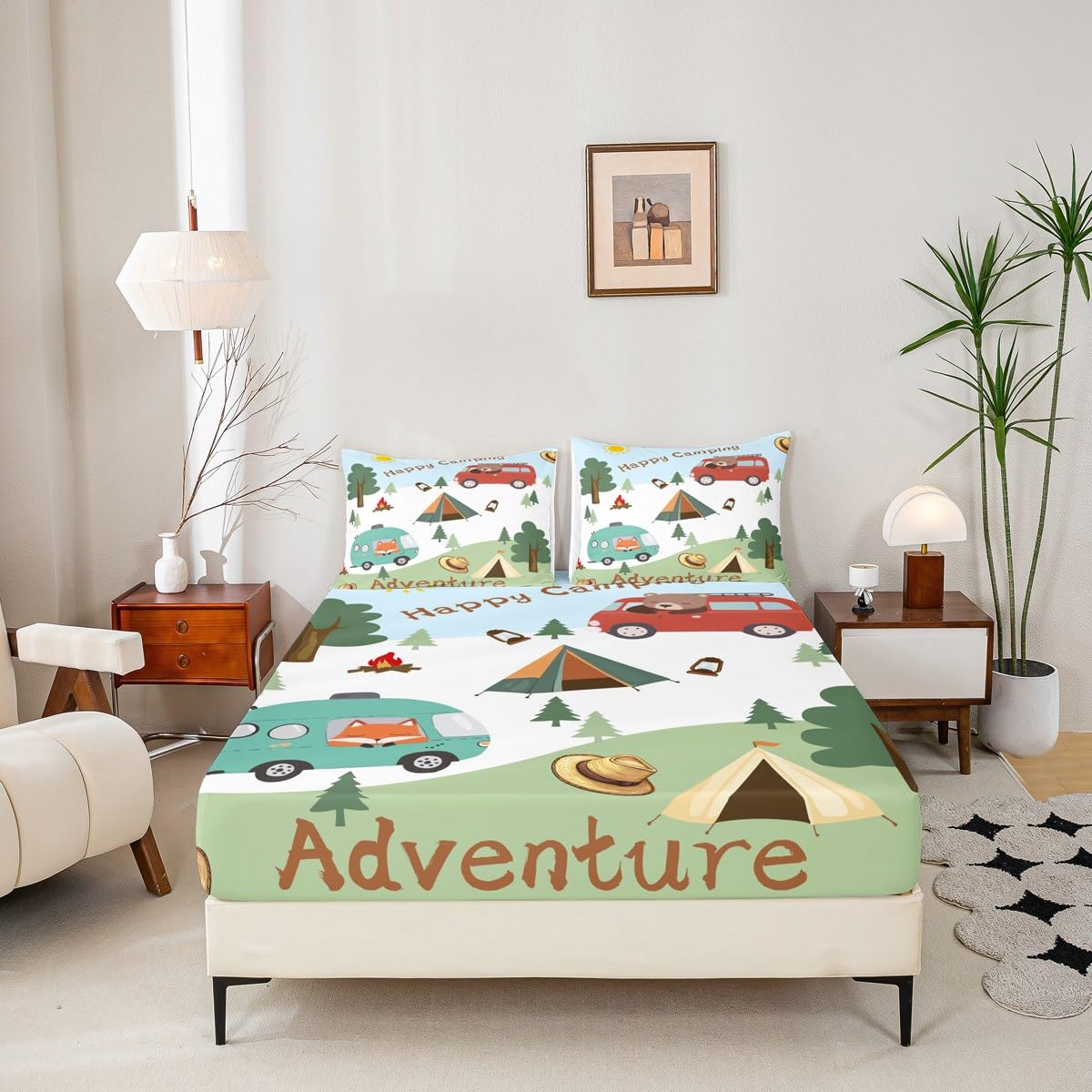 Cartoon Camper Fitted Sheet Twin Size,Cute Bear Fox Animal Trees Plant Mattress Protector with 1 Pillowcase,Happy Camping Red RV Trailer Elastic Deep Pocket Kids Bed Cover (No Top Sheet)