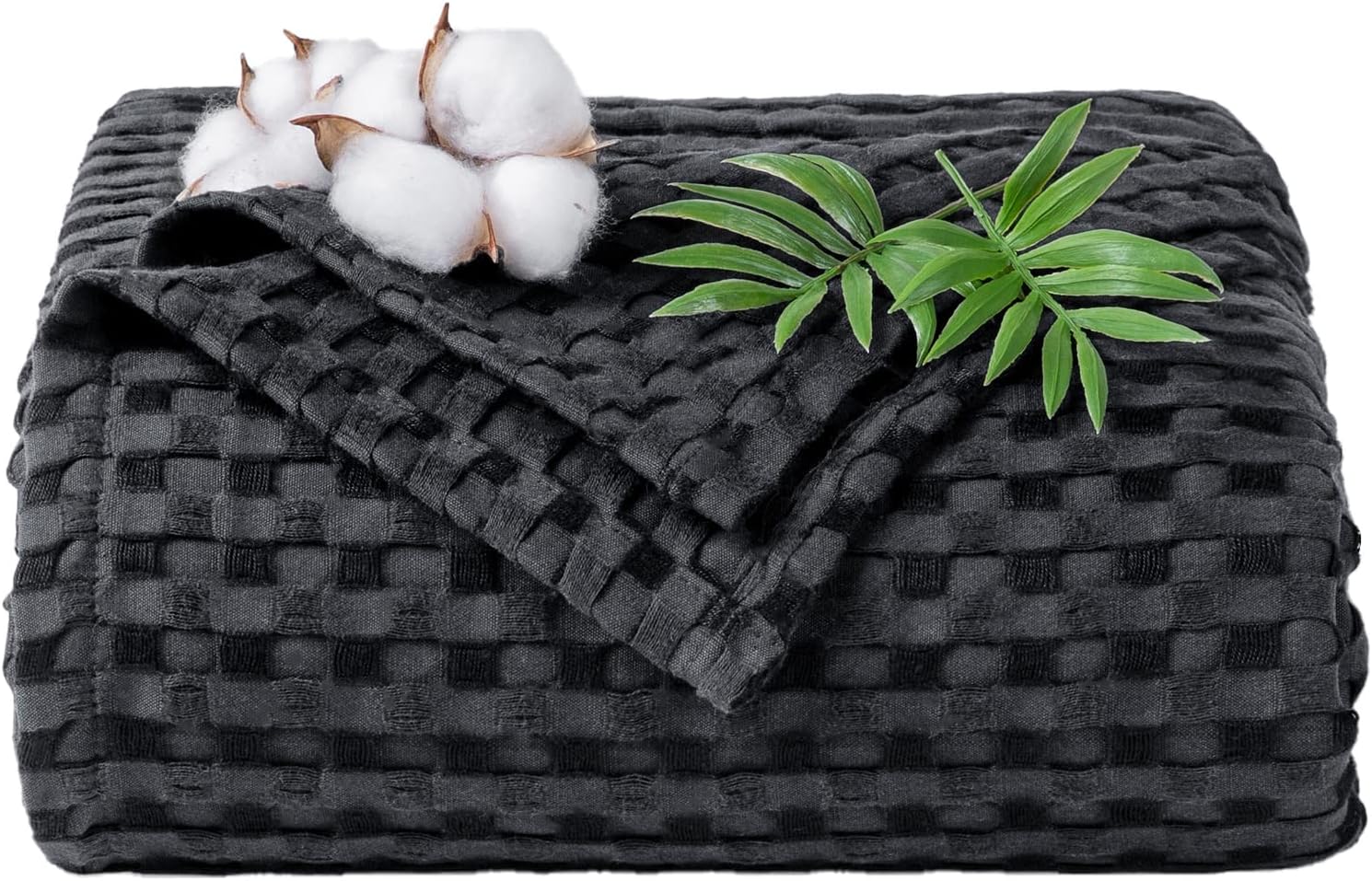 LBRO2M Waffle Blanket Twin(66"x90"),60% Bamboo and 40% Cotton Cooling Blankets,Summer Lightweight Bed Sofa Couch Throws,Super Soft Cool Weave Travel for All Season,Black