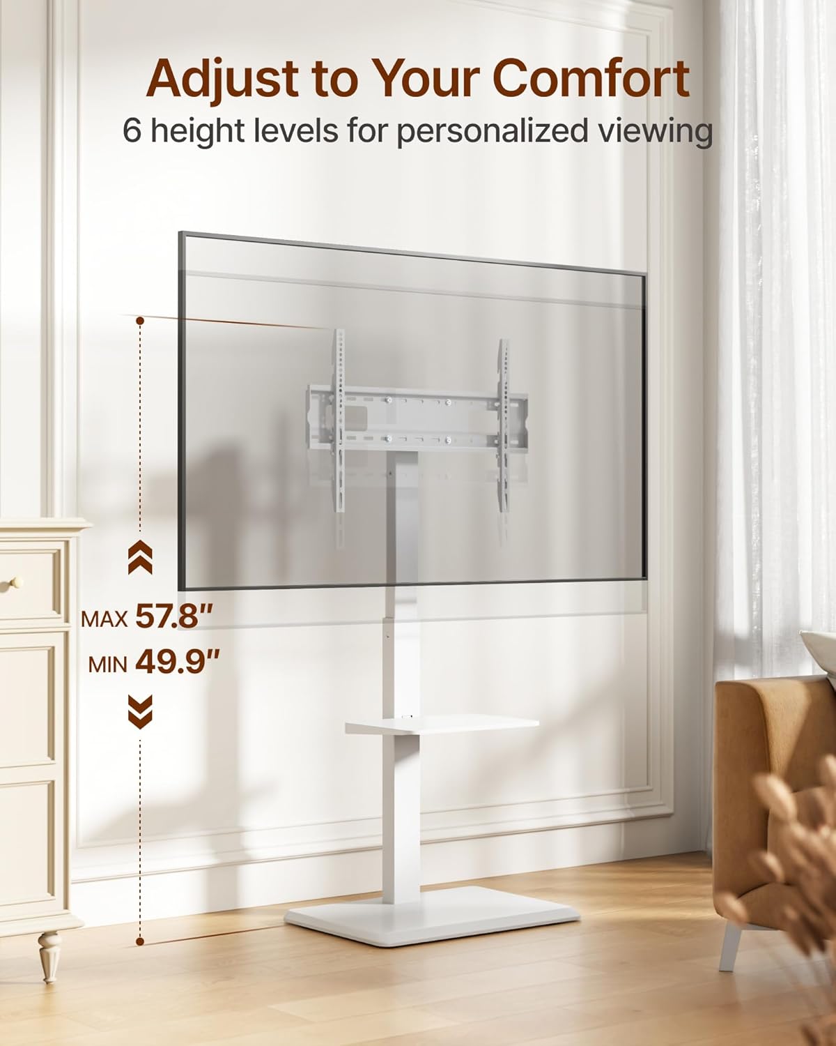 Steel Base Floor TV Stand with Power Outlet for 32-75 inch TVs up to 110 lbs, Leveling & Tilt & Swivel TV Stand with Hidden Wire Management, Height Adjustable TV Stand with Steel Shelf, White
