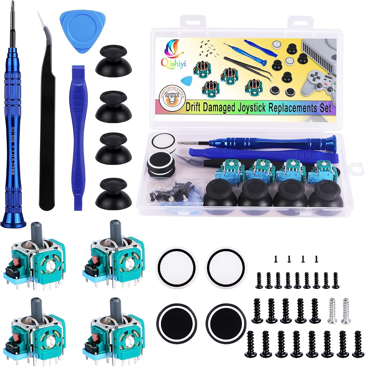 Qishiyi Kit de reemplazo de joystick analógico 3D de 4 piezas para controlador PS5, kit de herramientas de reparación de joysticks con kit de destornillador de reparación para controlador inalámbrico Playstation 5 DualSense