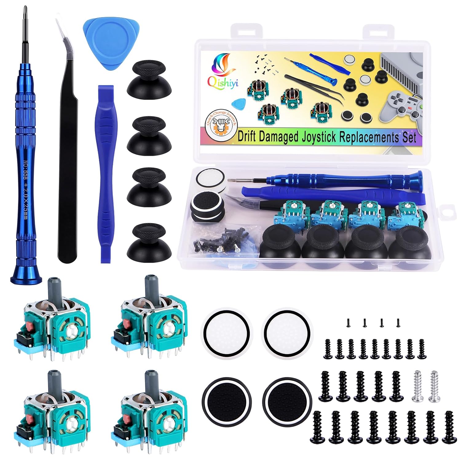 Qishiyi 4PCS 3D Analog Joystick Replacement kit for PS5 Controller Thumbsticks Repair Tool Kit with Repair Screwdriver Kit