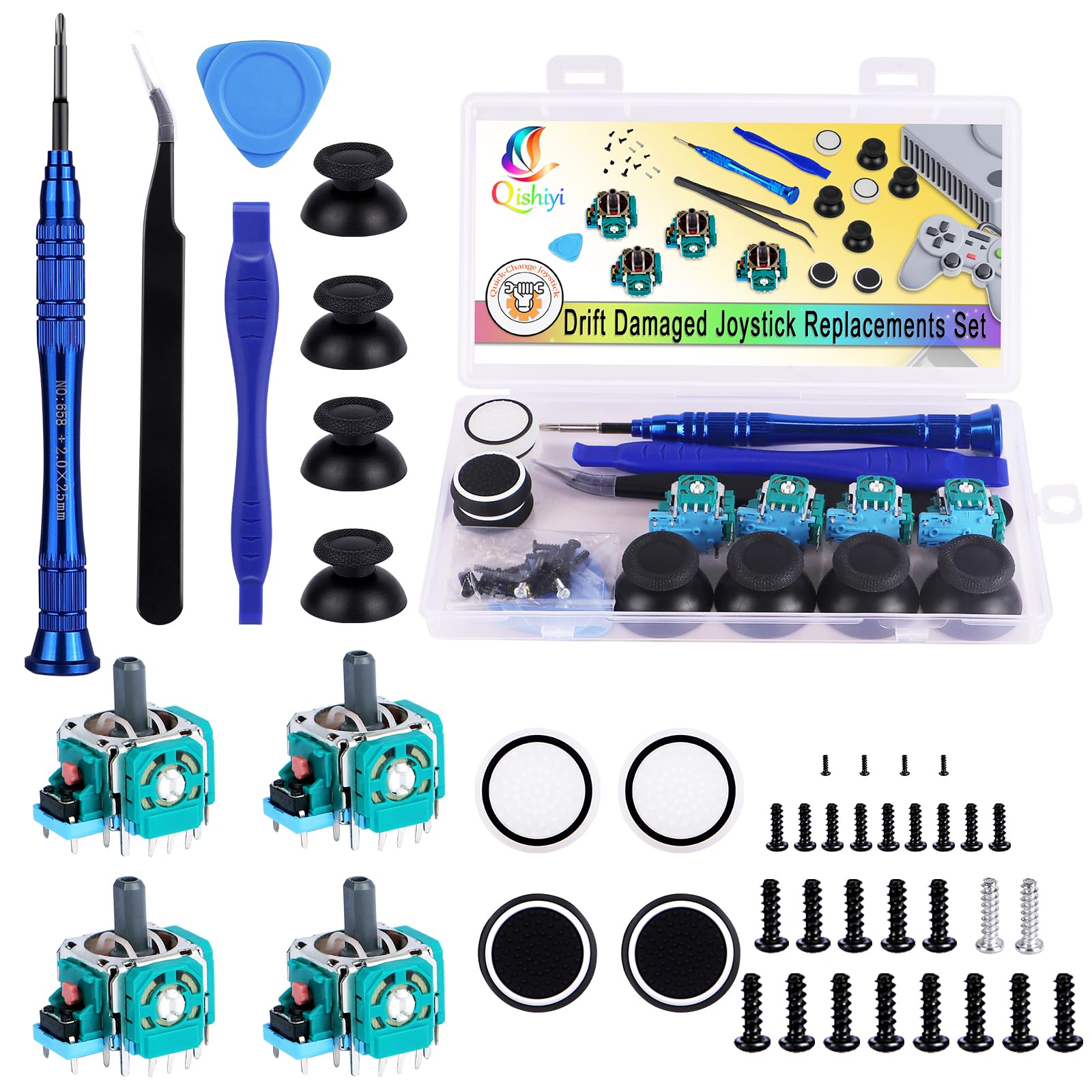 Qishiyi 4PCS 3D Analog Joystick Replacement kit for PS5 Controller Thumbsticks Repair Tool Kit with Repair Screwdriver Kit