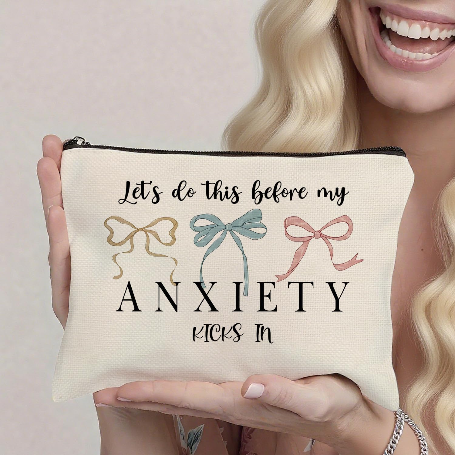 Funny Anxiety Themed Makeup Bag, Humor Self Care Cosmetic Bag, Gift for Women Friend Coworker Bestie Sister Social Worker Mom Teacher Therapist Graduation Birthday Christmas 10×7 Inch White - Image 2