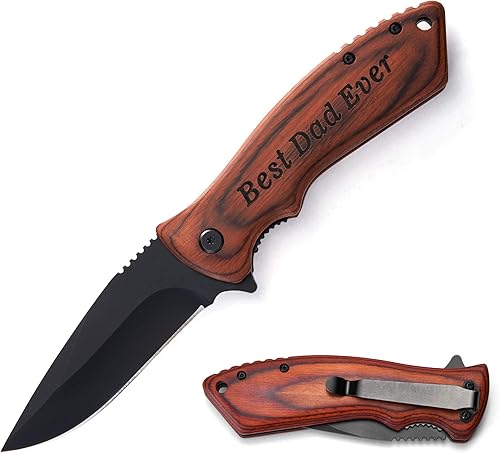 Miniatura 9 de Cuchillo plegable de bolsillo personalizado grabado con caja de madera para novio, marido, papá, hijo, cuchillo de caza de pesca único para hombres