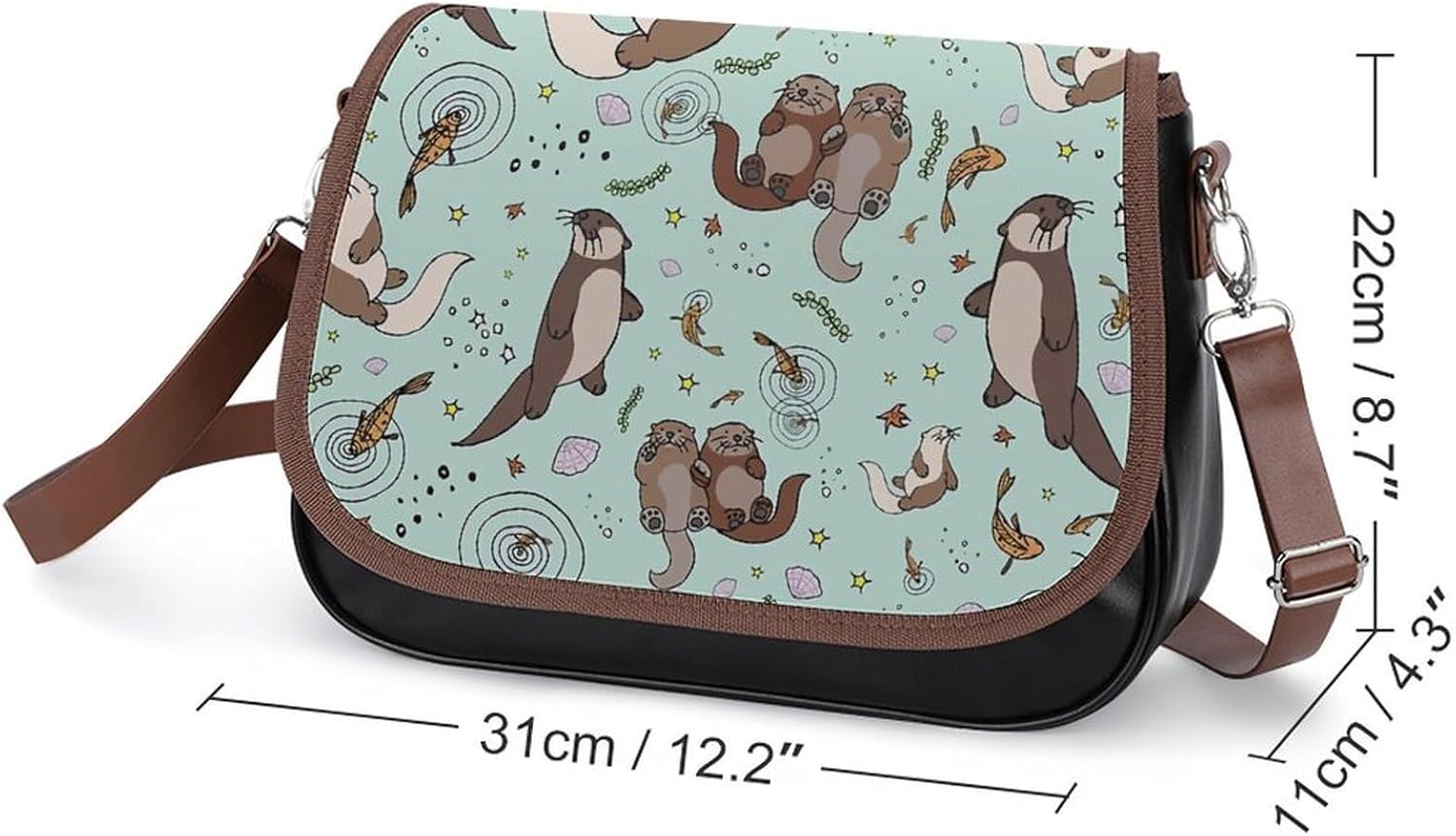 Sea Otters GreenWomen's Faux Leather Crossbody Bag, Waterproof Wrinkle-Resistant Shoulder Bag with Detachable Strap, Large Capacity Casual Handbag, Fashion Daily Purse for Shopping Work Dating, Ideal