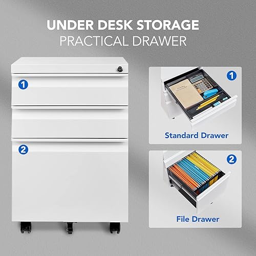 Miniatura 5 de FLEXISPOT Archivador móvil para oficina en casa, almacenamiento debajo del escritorio, con llaves de bloqueo, archivador de 3 cajones para archivos