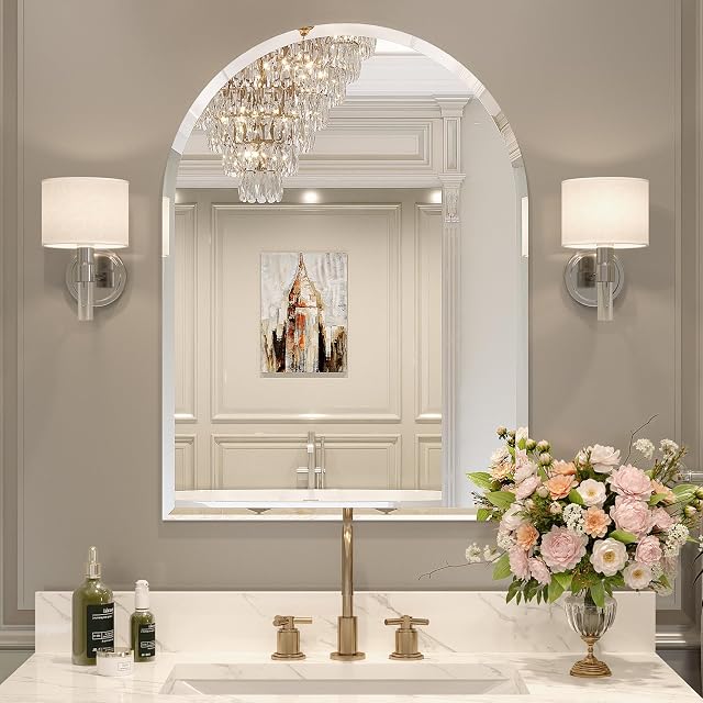Miroir de salle de bains sans cadre, 22" x 30" Miroir de Vanité Arched pour mur biseauté, Miroir mural Arch pour hall d'entrée, portes d'accès, évier