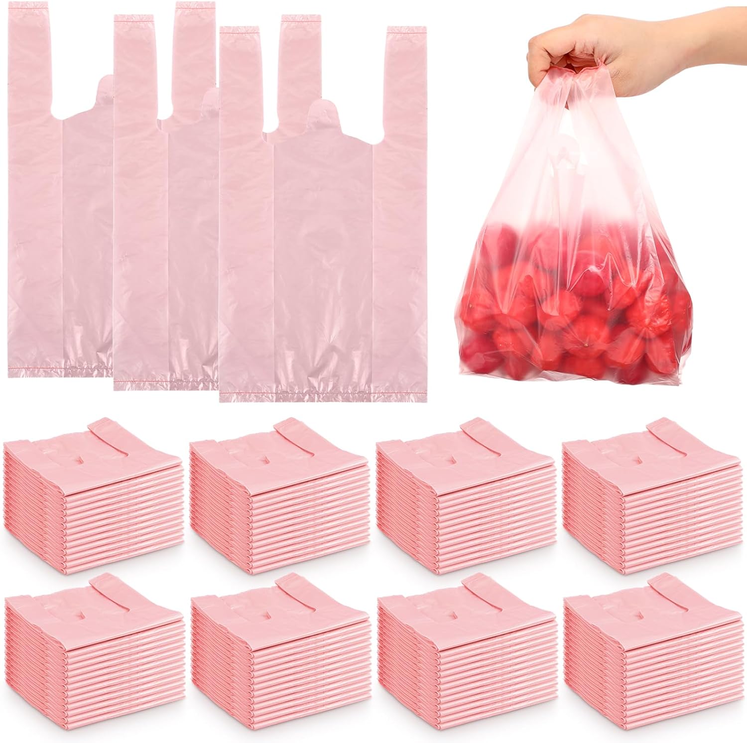 Dunzoom 1000 Pcs Small T Shirt Bags Bulk 7"x3.5"x13" Pink Plastic Shopping Bags with Handles for Small Business, Retail, Grocery, Merchandise, Convenience Store, Supermarket, Restaurant