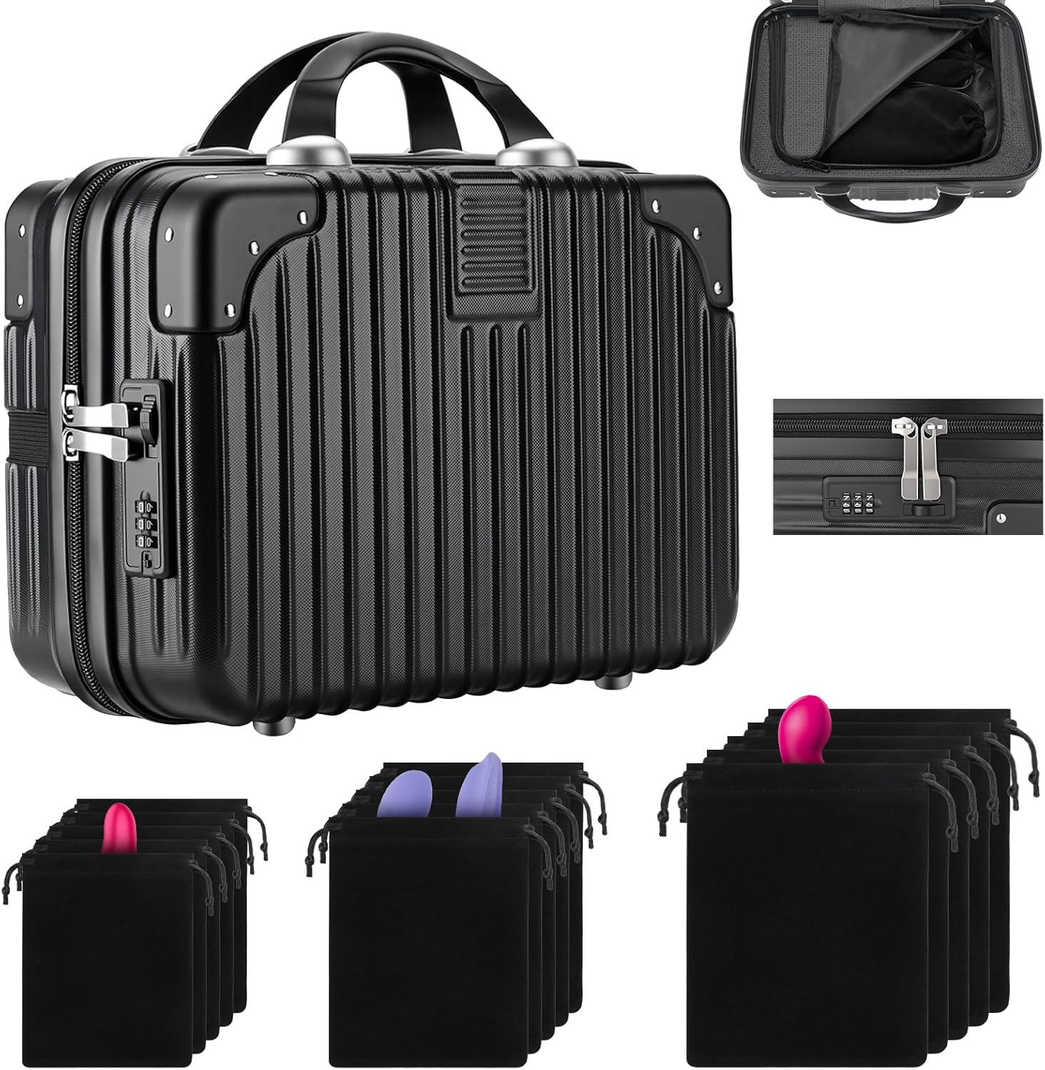Adult Game Toy Storage Organizer Case, with Lock, Include 15 Pcs 3-Size storage bag, Portable Private Storage for Adult Toys, Safe and private, Suitable for home, travel and personal use (Black)