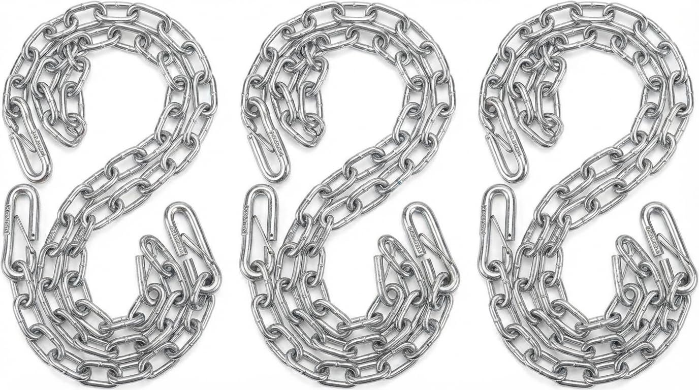 3PCS Trailer Safety Chains 3/16 x 48 Inch Grade 30 Zinc Plated Steel with Heavy Duty S Hooks | Trailer Hitch Safety Replacement Chain Kit for Camper, Utility, Boat, ATV, RV, Truck Tow (3)