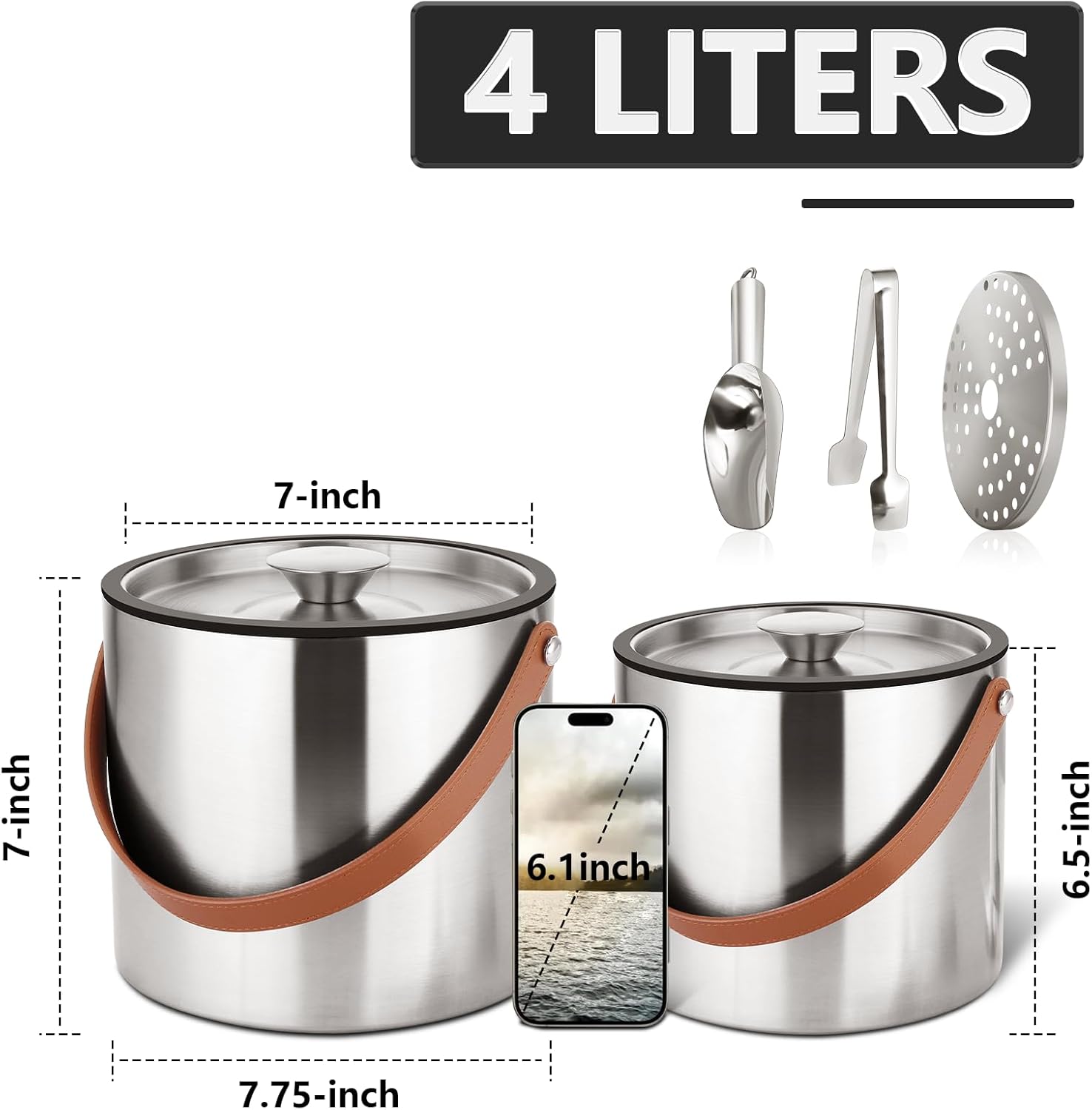 4L Ice Bucket with Lid, Scoop,Tongs & Strainer, Stainless Steel Double Wall Insulated Ice Buckets for Parties & Cocktail Bar, Large Outdoor Champagne Ice Container, Light Brown Handle - Image 2